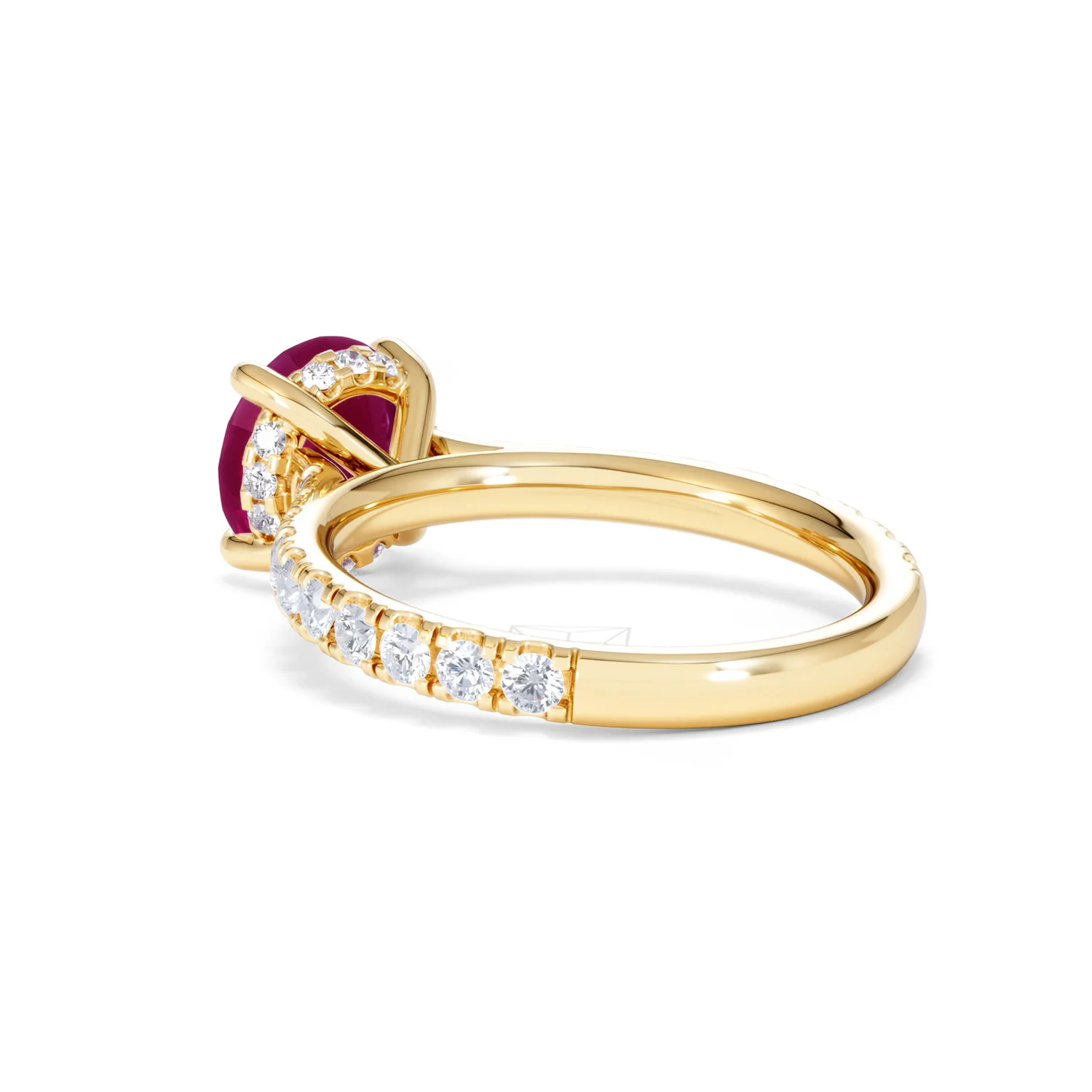 Amora Gem 2.00ct Round Cut Lab Ruby Hidden Halo Engagement Ring with Side Stones in 18K Yellow Gold - Image 58