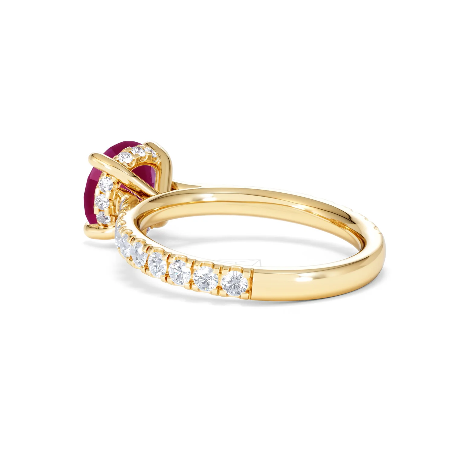 Amora Gem 2.00ct Round Cut Lab Ruby Hidden Halo Engagement Ring with Side Stones in 18K Yellow Gold - Image 59