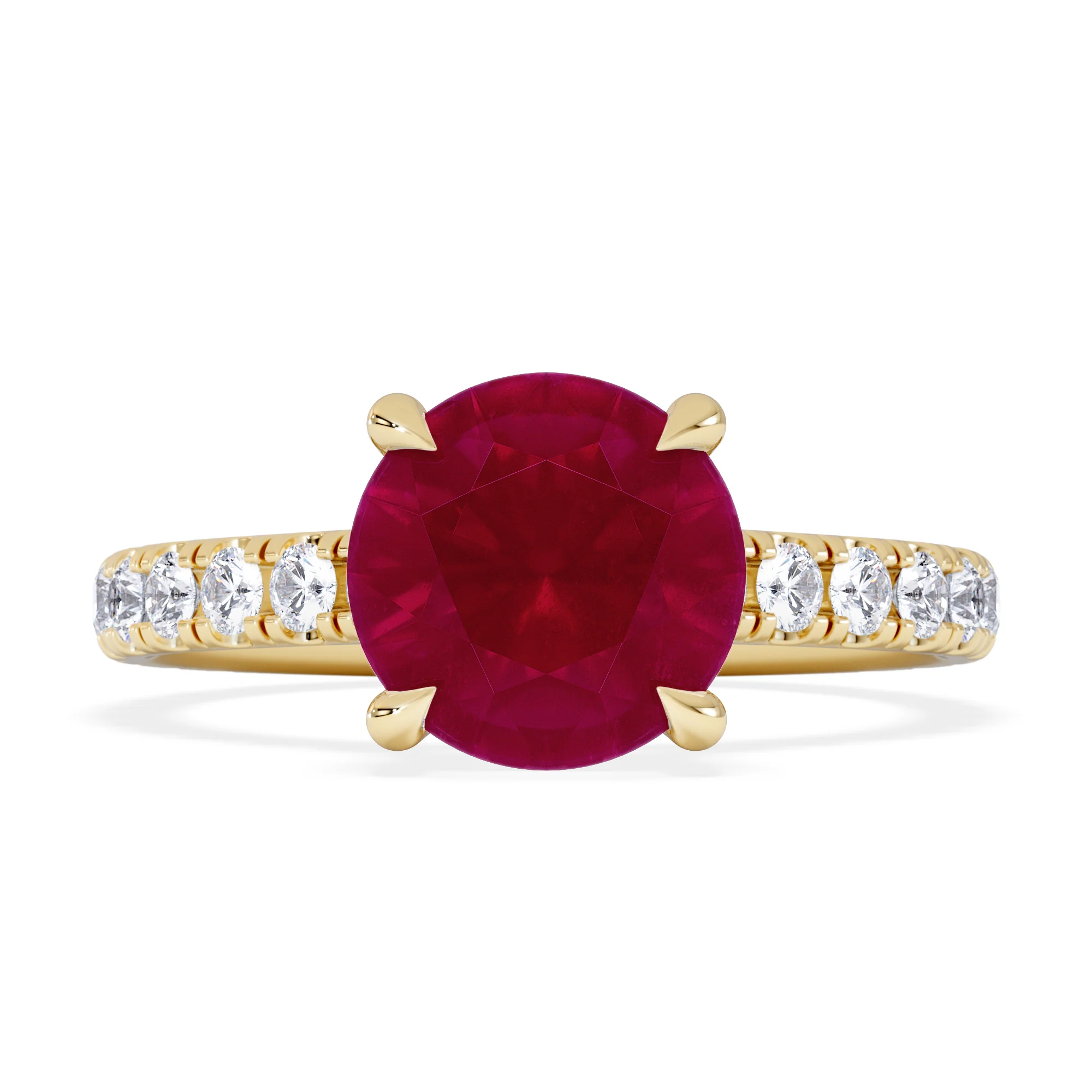 Amora Gem 2.00ct Round Cut Lab Ruby Hidden Halo Engagement Ring with Side Stones in 18K Yellow Gold - Image 7