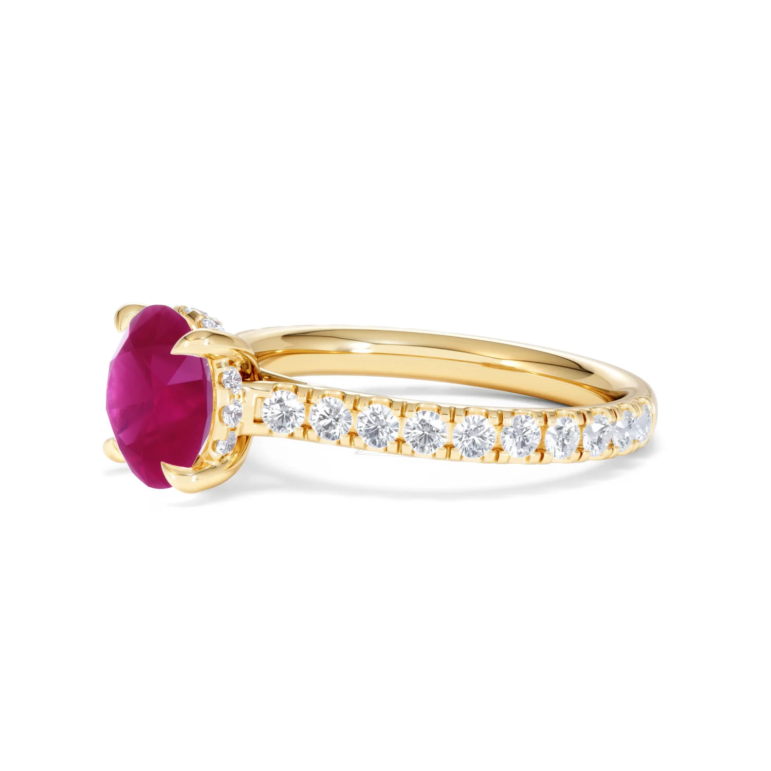 Amora Gem 2.00ct Round Cut Lab Ruby Hidden Halo Engagement Ring with Side Stones in 18K Yellow Gold - Image 76