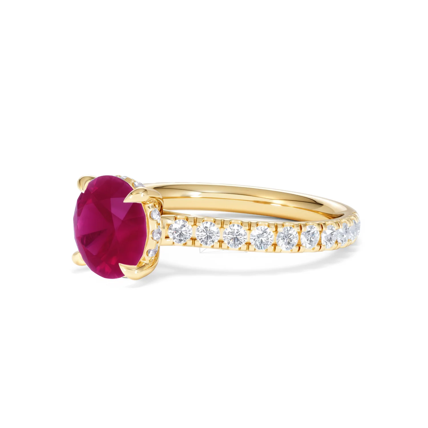 Amora Gem 2.00ct Round Cut Lab Ruby Hidden Halo Engagement Ring with Side Stones in 18K Yellow Gold - Image 79