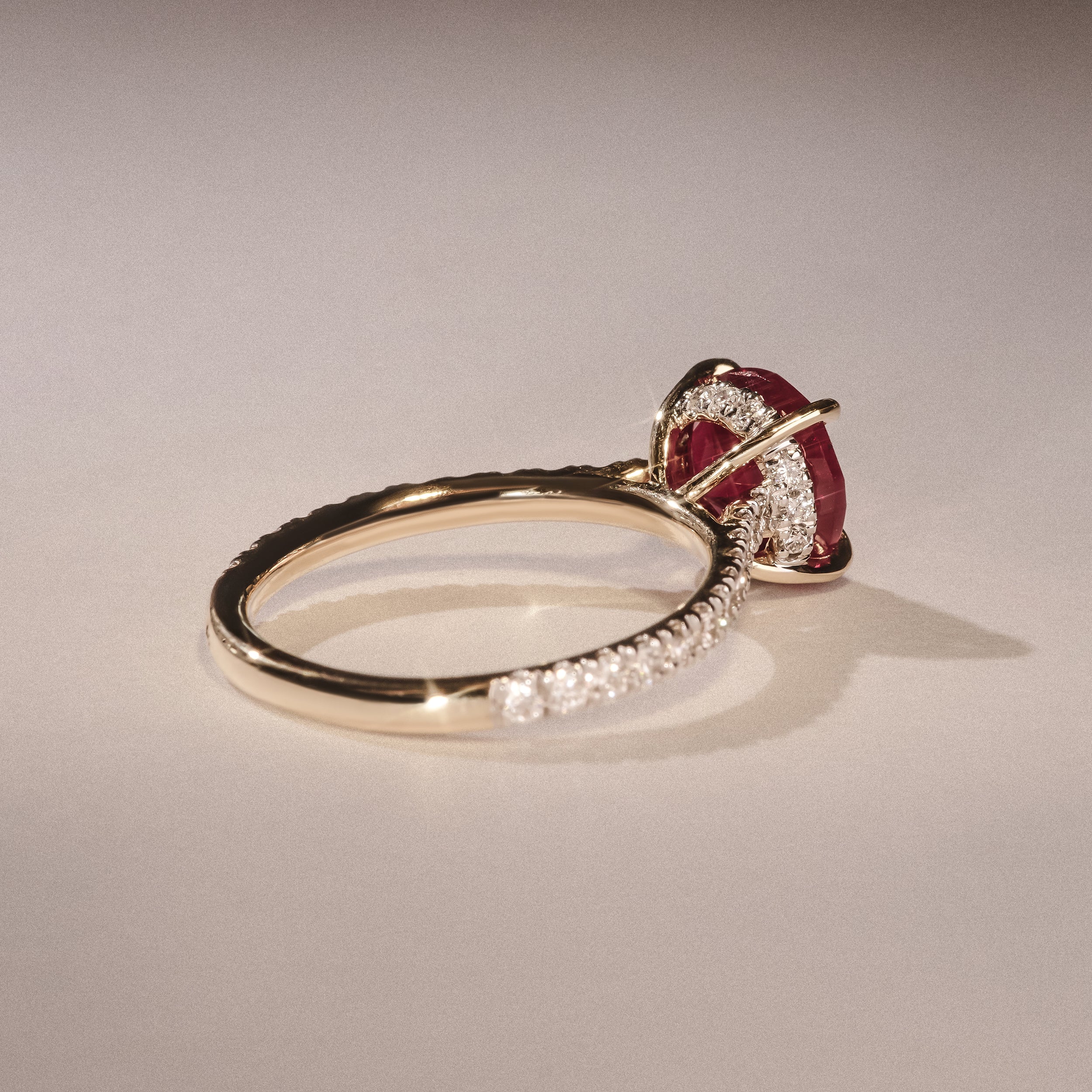 Amora Gem 2.00ct Round Cut Lab Ruby Hidden Halo Engagement Ring with Side Stones in 18K Yellow Gold - Image 8