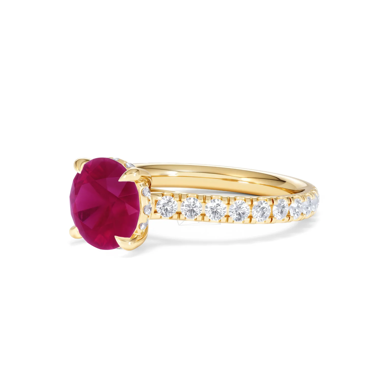 Amora Gem 2.00ct Round Cut Lab Ruby Hidden Halo Engagement Ring with Side Stones in 18K Yellow Gold - Image 80