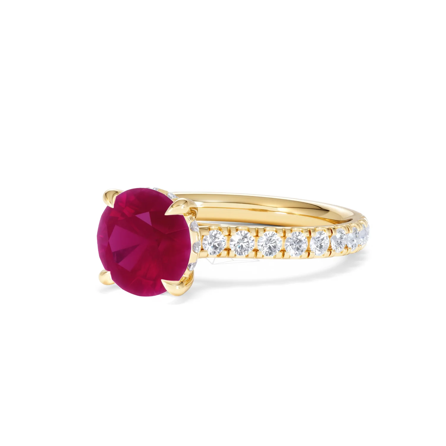 Amora Gem 2.00ct Round Cut Lab Ruby Hidden Halo Engagement Ring with Side Stones in 18K Yellow Gold - Image 82