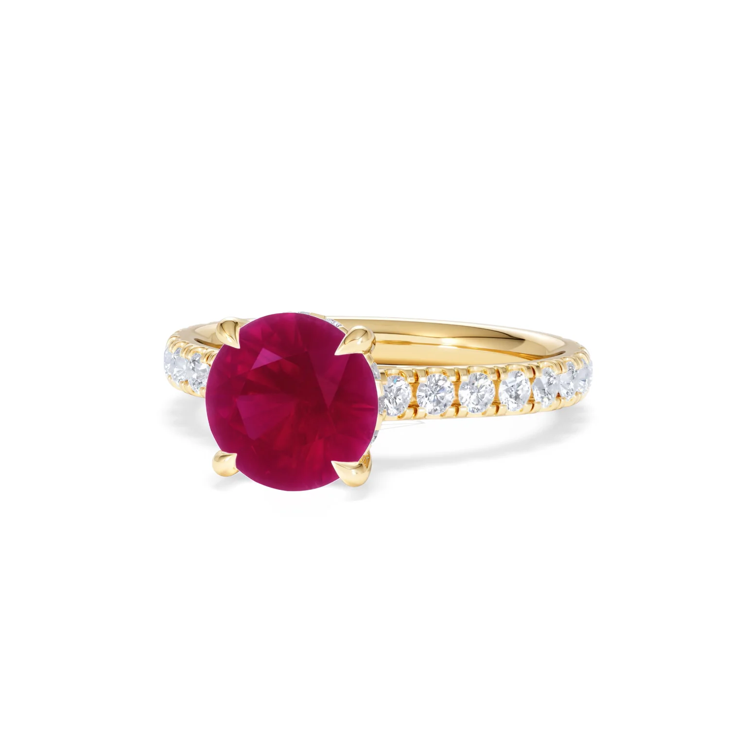 Amora Gem 2.00ct Round Cut Lab Ruby Hidden Halo Engagement Ring with Side Stones in 18K Yellow Gold - Image 85