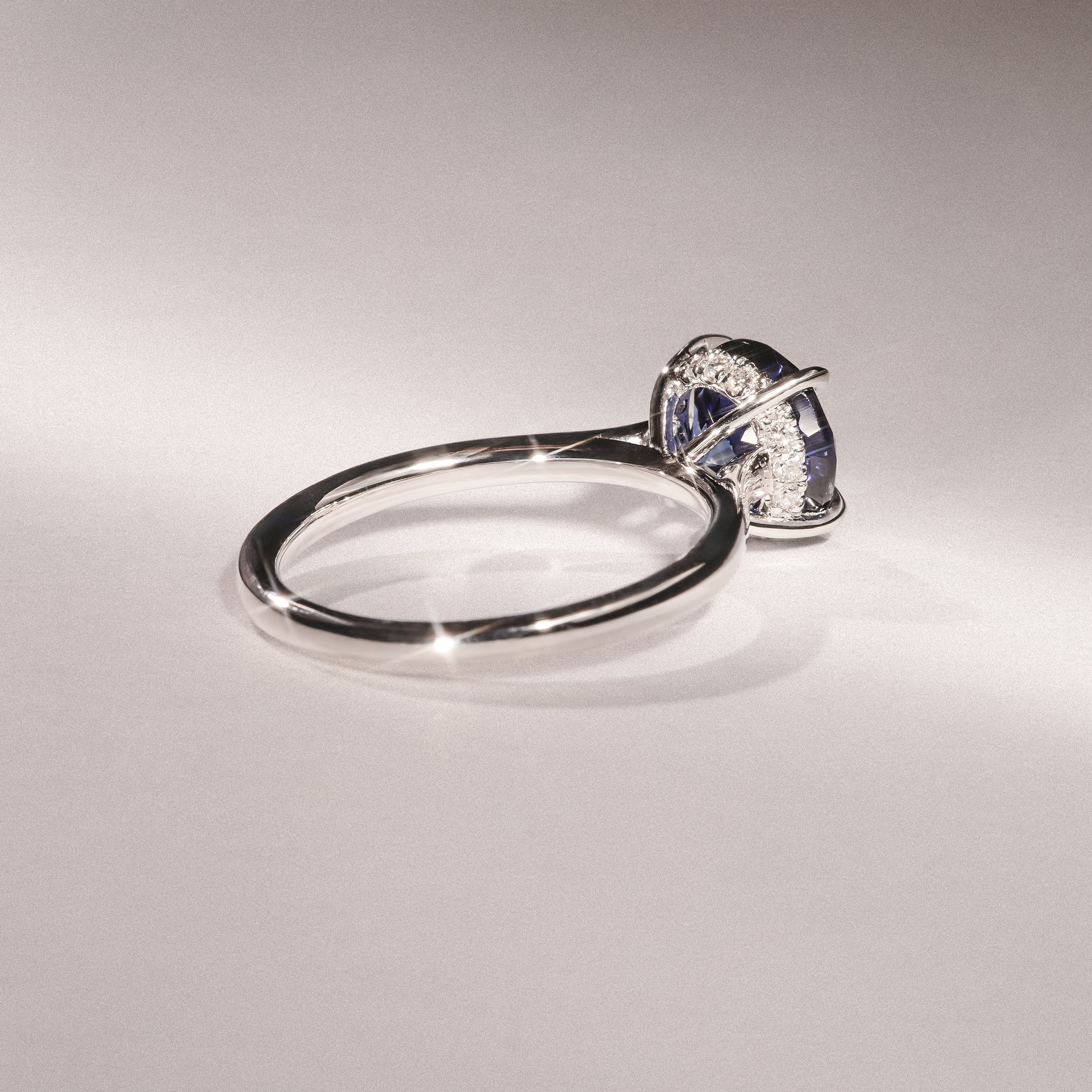 Amora Gem 2.00ct Round Cut Lab Sapphire Hidden Halo Engagement Ring in 18K White Gold - Image 6