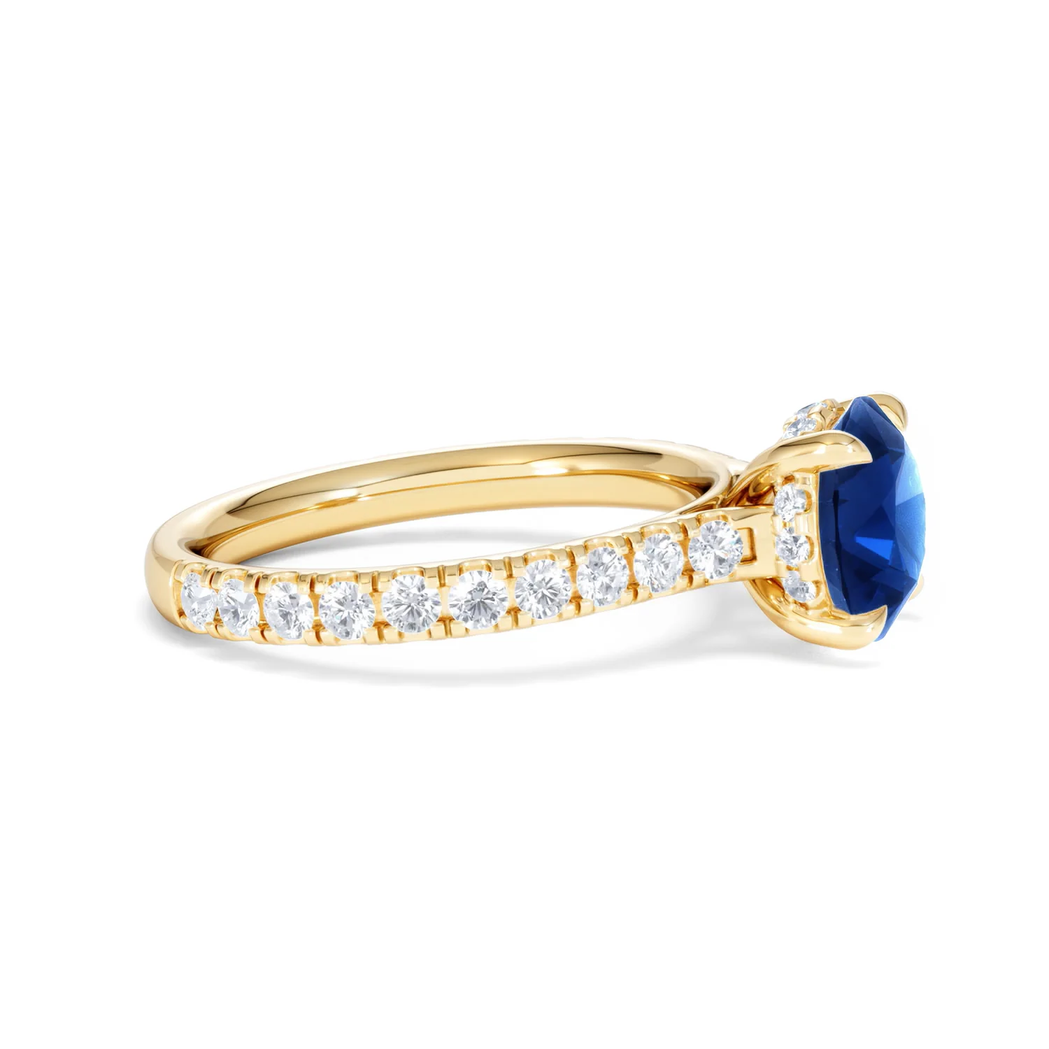 Amora Gem 2.00ct Round Cut Lab Sapphire Hidden Halo Engagement Ring in with Side Stones 18K Yellow Gold - Image 25