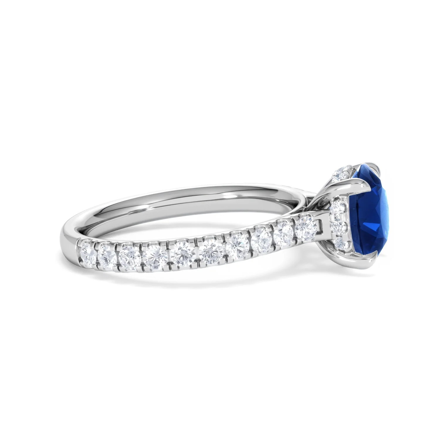 Amora Gem 2.00ct Round Cut Lab Sapphire Hidden Halo Engagement Ring with Side Stones in 18K White Gold - Image 26