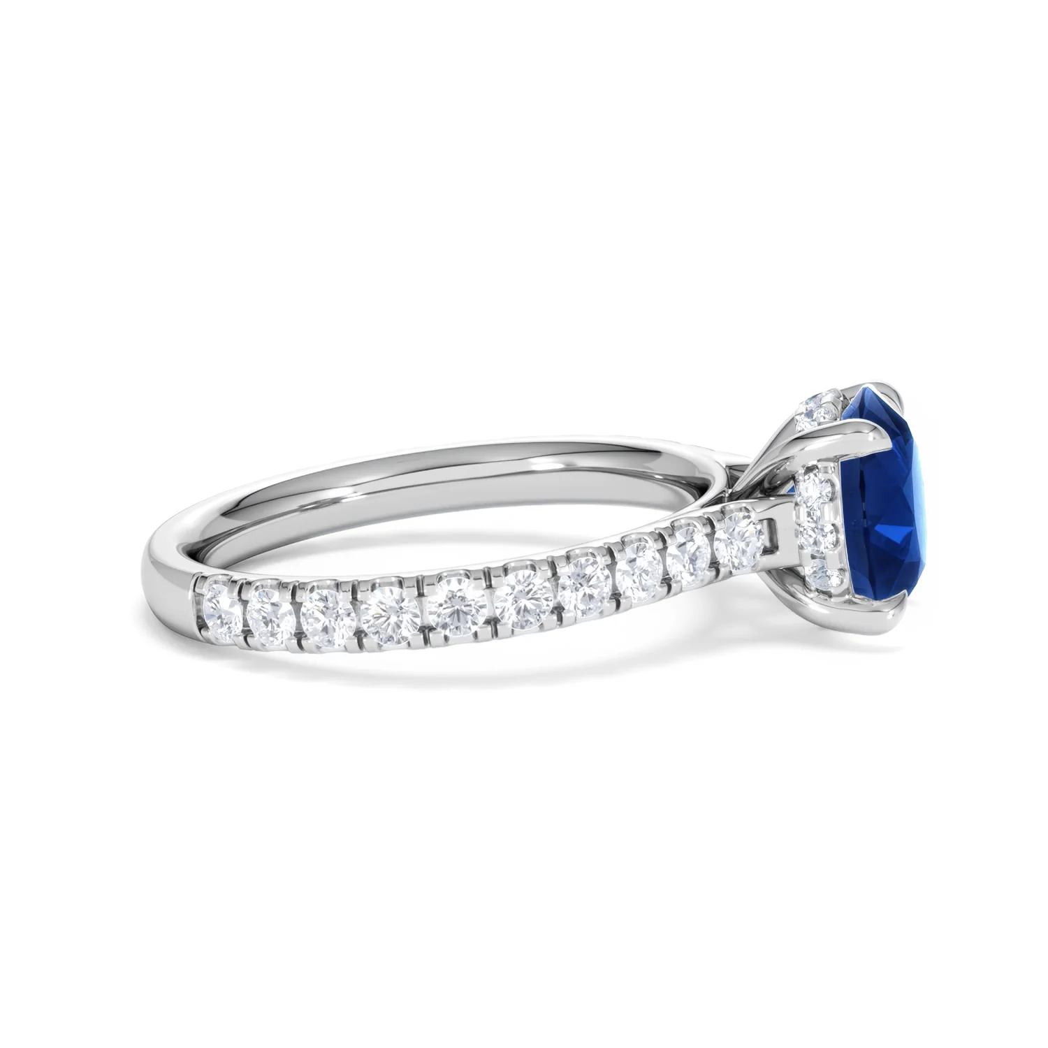 Amora Gem 2.00ct Round Cut Lab Sapphire Hidden Halo Engagement Ring with Side Stones in 18K White Gold - Image 27