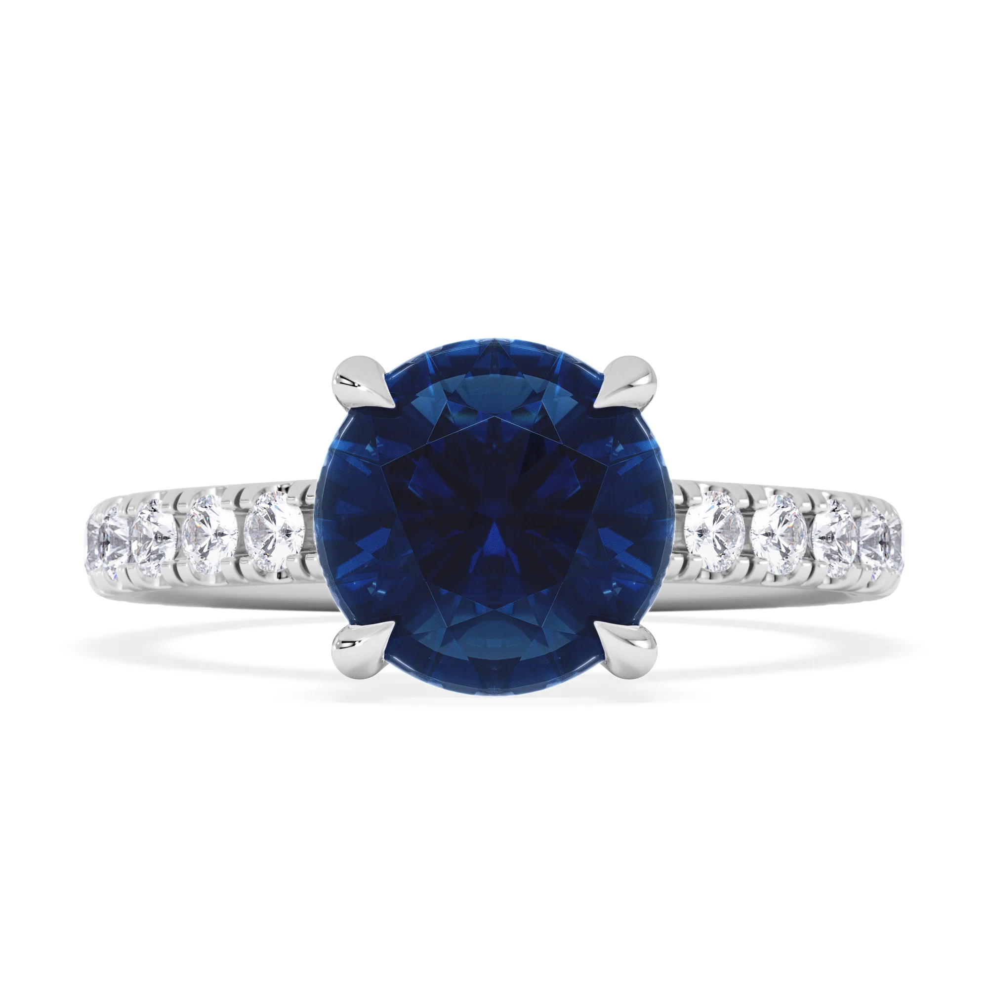 Amora Gem 2.00ct Round Cut Lab Sapphire Hidden Halo Engagement Ring with Side Stones in 18K White Gold - Image 7