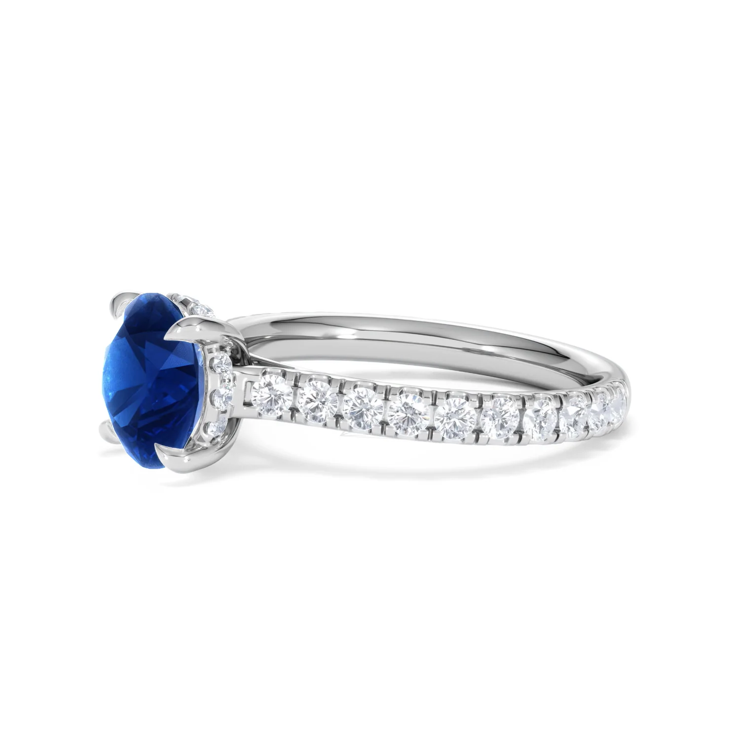 Amora Gem 2.00ct Round Cut Lab Sapphire Hidden Halo Engagement Ring with Side Stones in 18K White Gold - Image 76