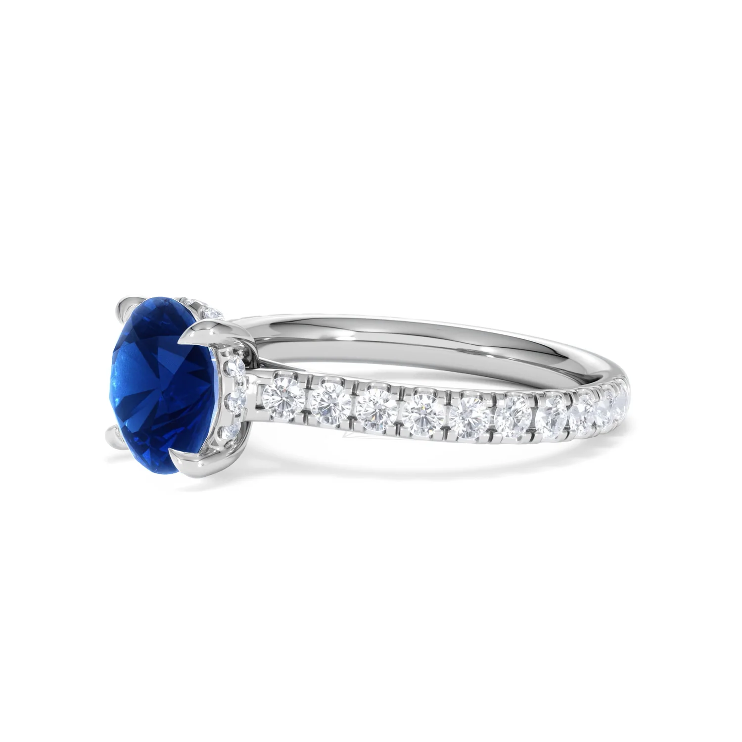 Amora Gem 2.00ct Round Cut Lab Sapphire Hidden Halo Engagement Ring with Side Stones in 18K White Gold - Image 77