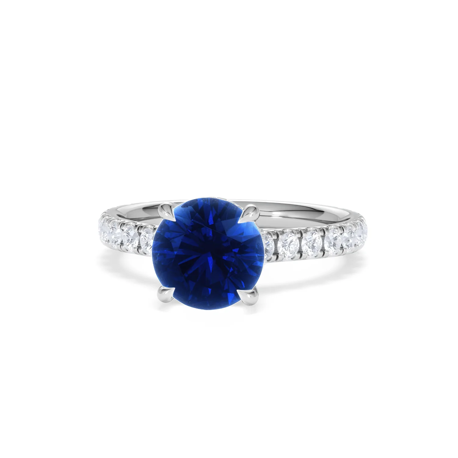 Amora Gem 2.00ct Round Cut Lab Sapphire Hidden Halo Engagement Ring with Side Stones in 18K White Gold - Image 87