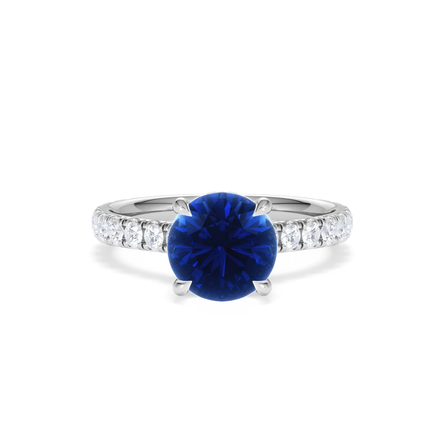Amora Gem 2.00ct Round Cut Lab Sapphire Hidden Halo Engagement Ring with Side Stones in 18K White Gold - Image 9
