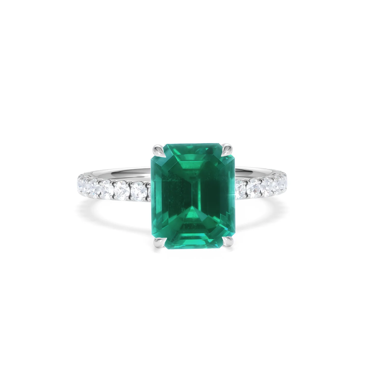 Amora Gem 2.50ct Emerald Cut Lab Emerald Hidden Halo Engagement Ring with Side Stones in 18K White Gold - Image 10