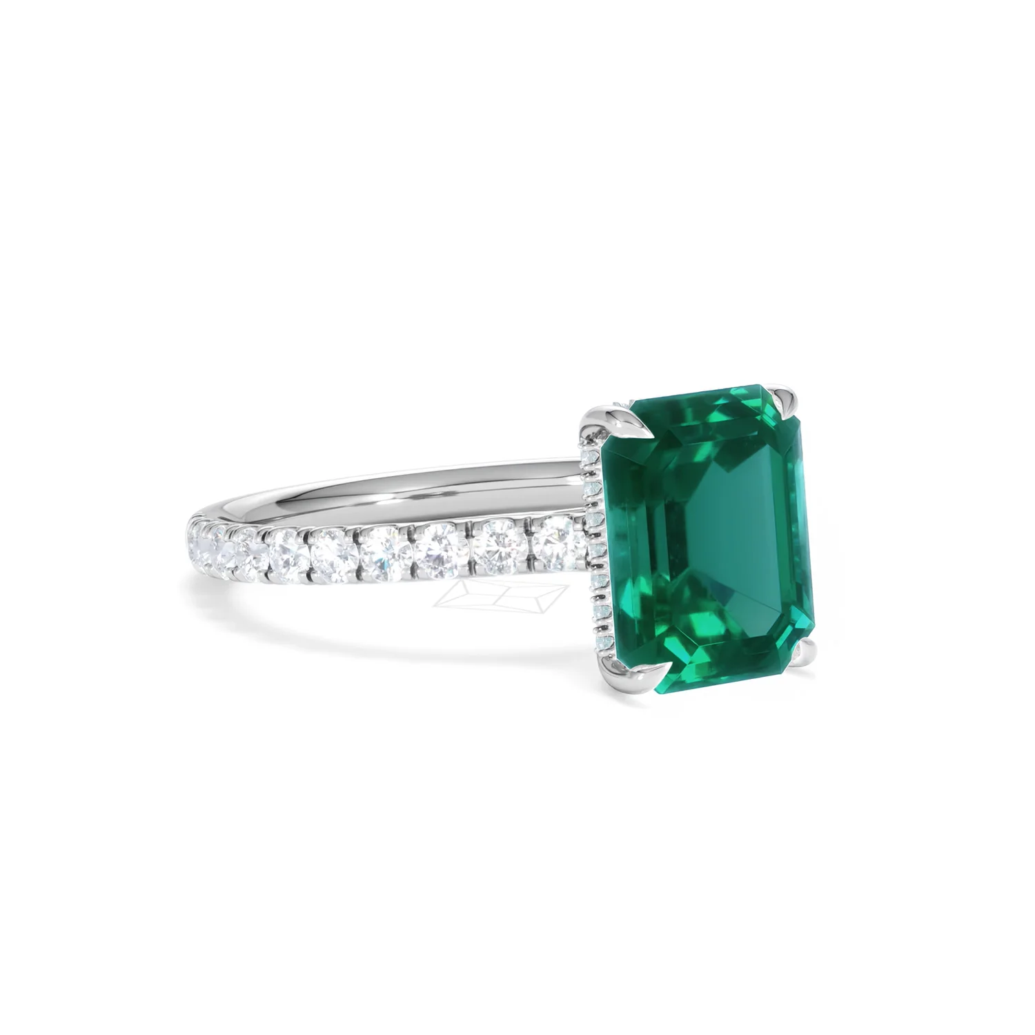 Amora Gem 2.50ct Emerald Cut Lab Emerald Hidden Halo Engagement Ring with Side Stones in 18K White Gold - Image 16