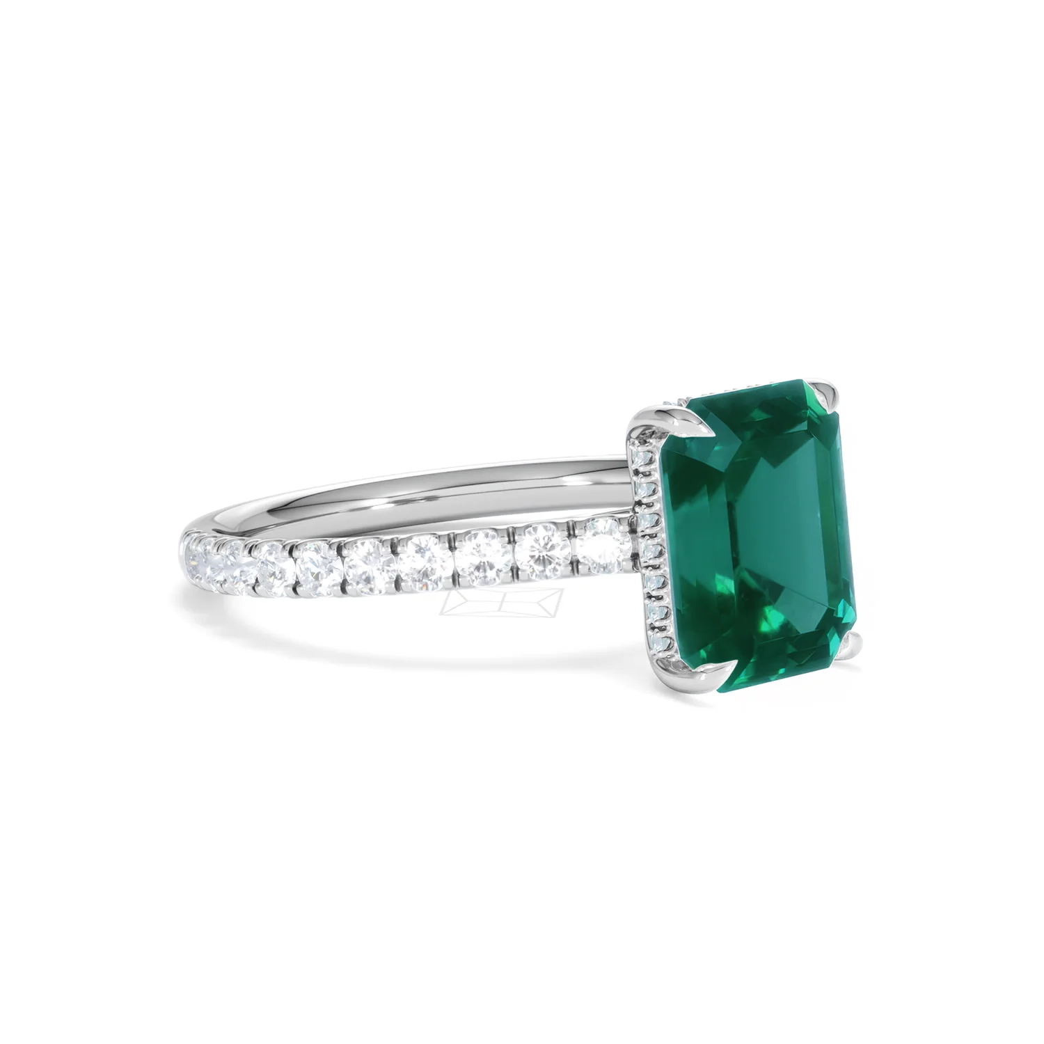 Amora Gem 2.50ct Emerald Cut Lab Emerald Hidden Halo Engagement Ring with Side Stones in 18K White Gold - Image 18