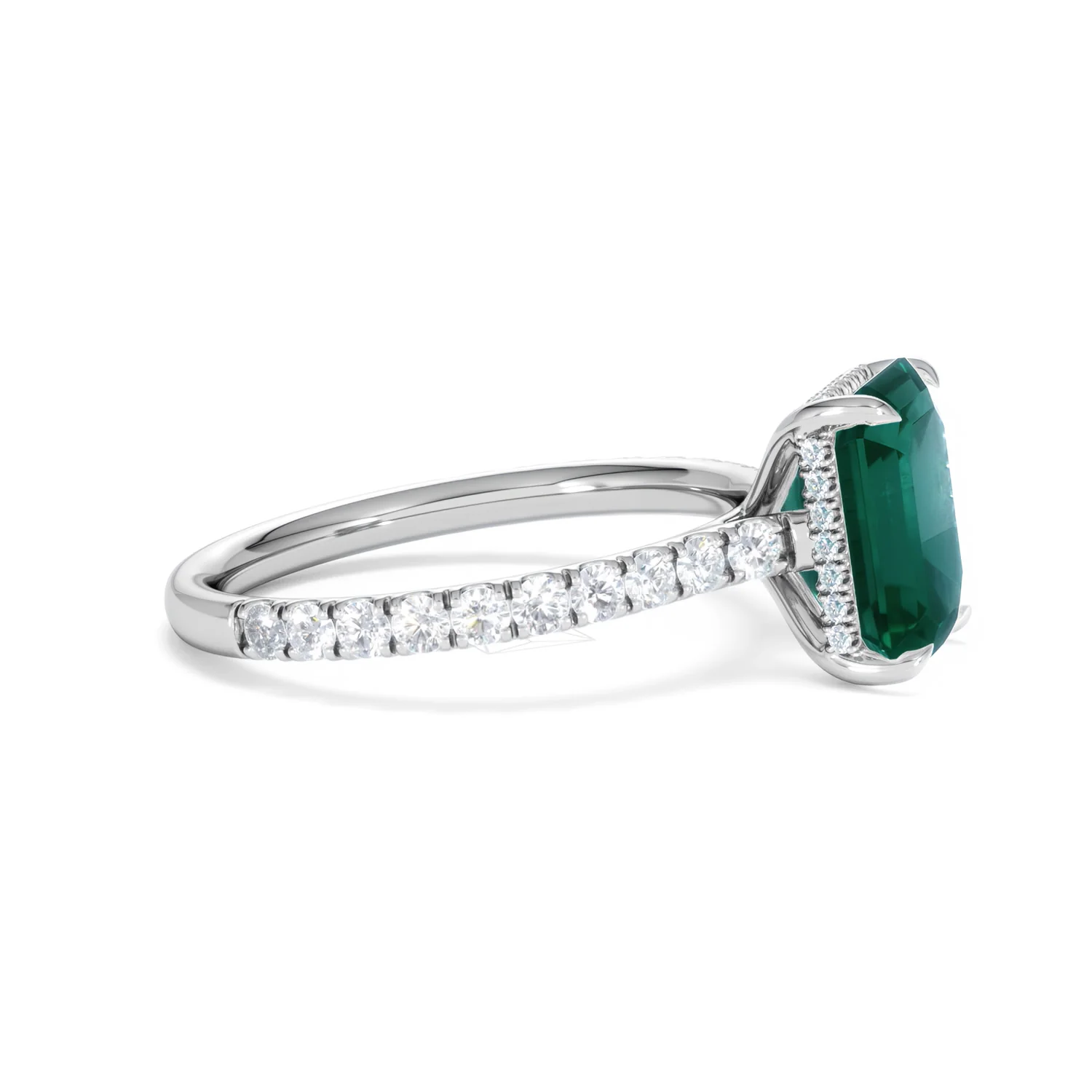Amora Gem 2.50ct Emerald Cut Lab Emerald Hidden Halo Engagement Ring with Side Stones in 18K White Gold - Image 25
