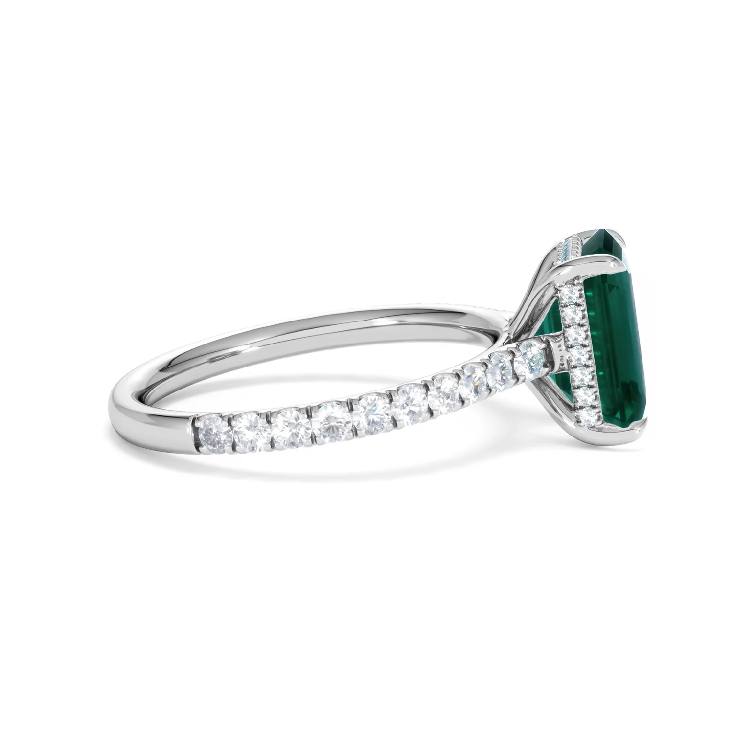 Amora Gem 2.50ct Emerald Cut Lab Emerald Hidden Halo Engagement Ring with Side Stones in 18K White Gold - Image 28
