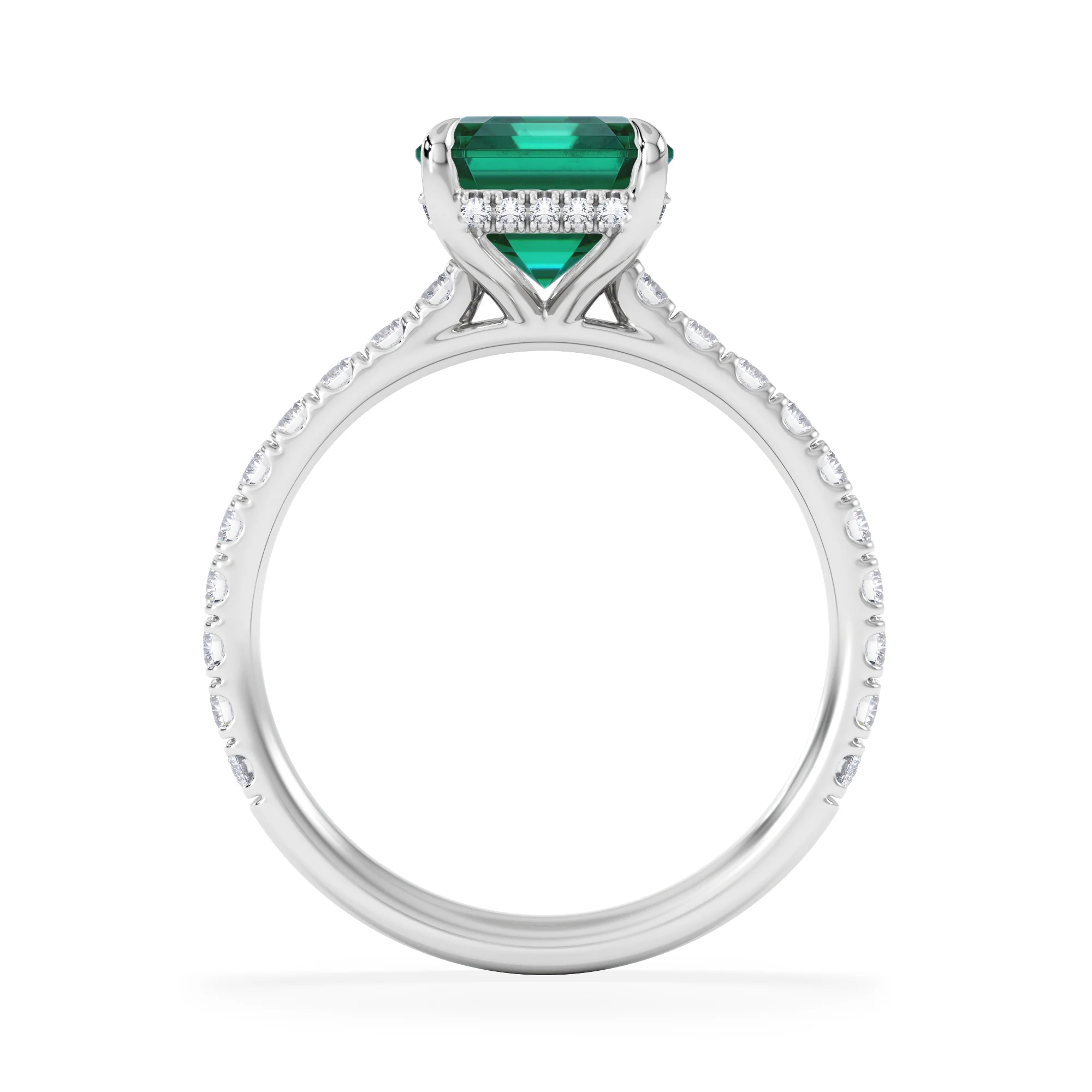 Amora Gem 2.50ct Emerald Cut Lab Emerald Hidden Halo Engagement Ring with Side Stones in 18K White Gold - Image 3