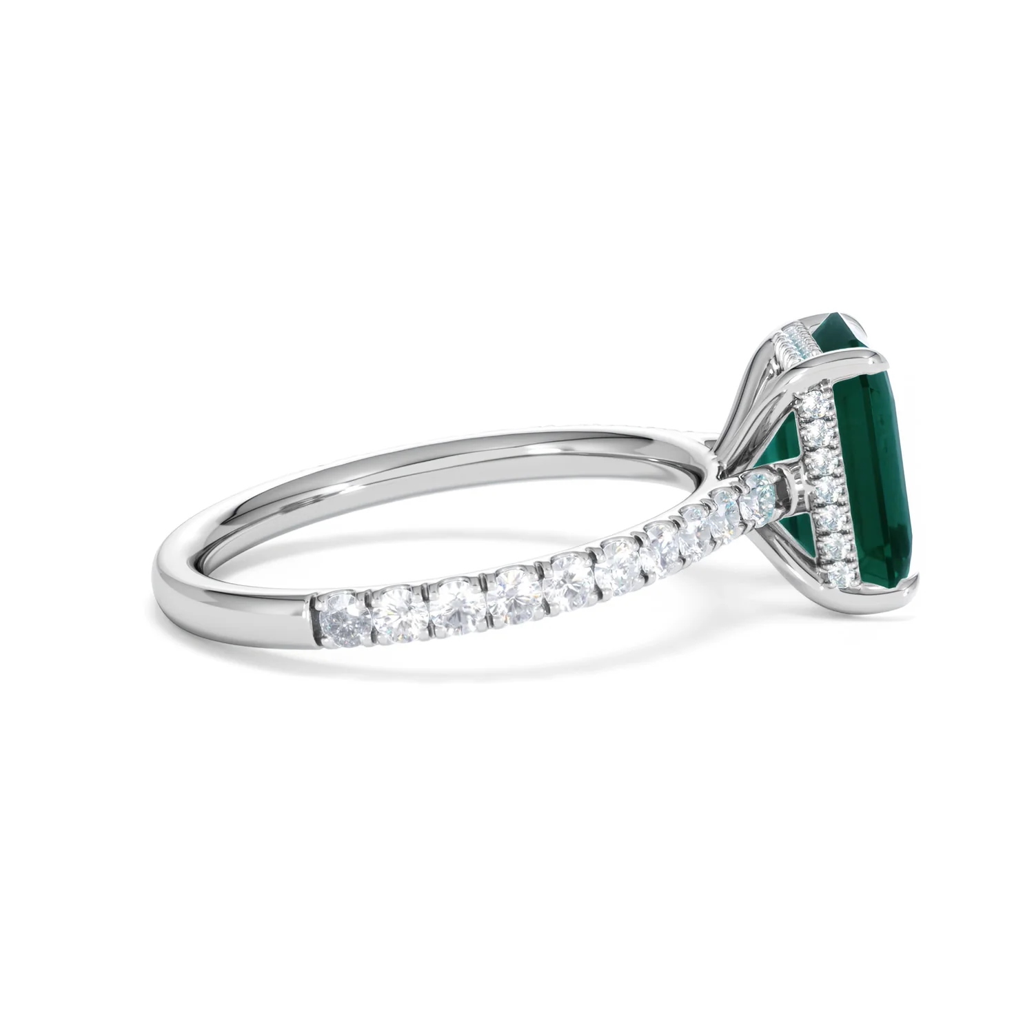 Amora Gem 2.50ct Emerald Cut Lab Emerald Hidden Halo Engagement Ring with Side Stones in 18K White Gold - Image 30