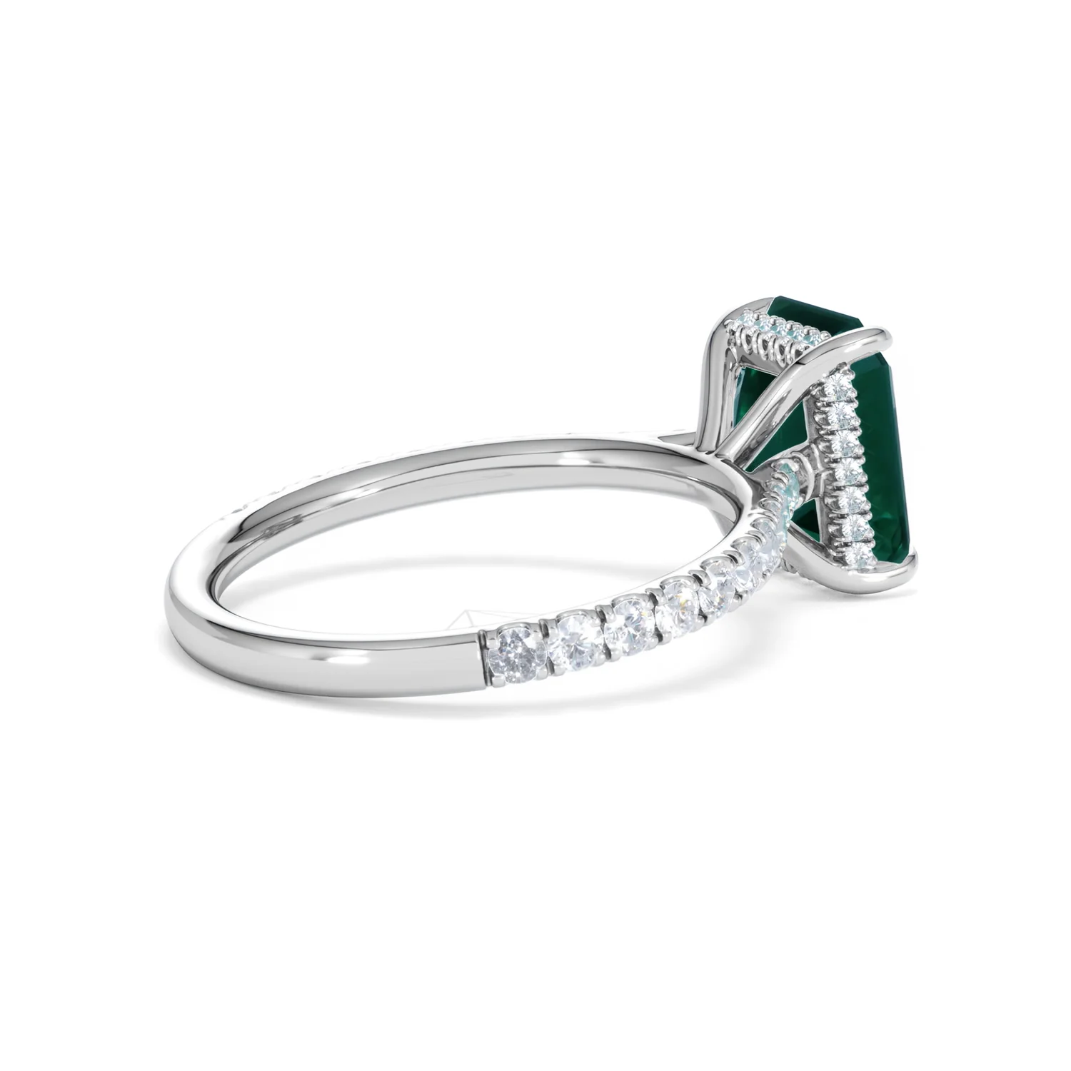 Amora Gem 2.50ct Emerald Cut Lab Emerald Hidden Halo Engagement Ring with Side Stones in 18K White Gold - Image 36