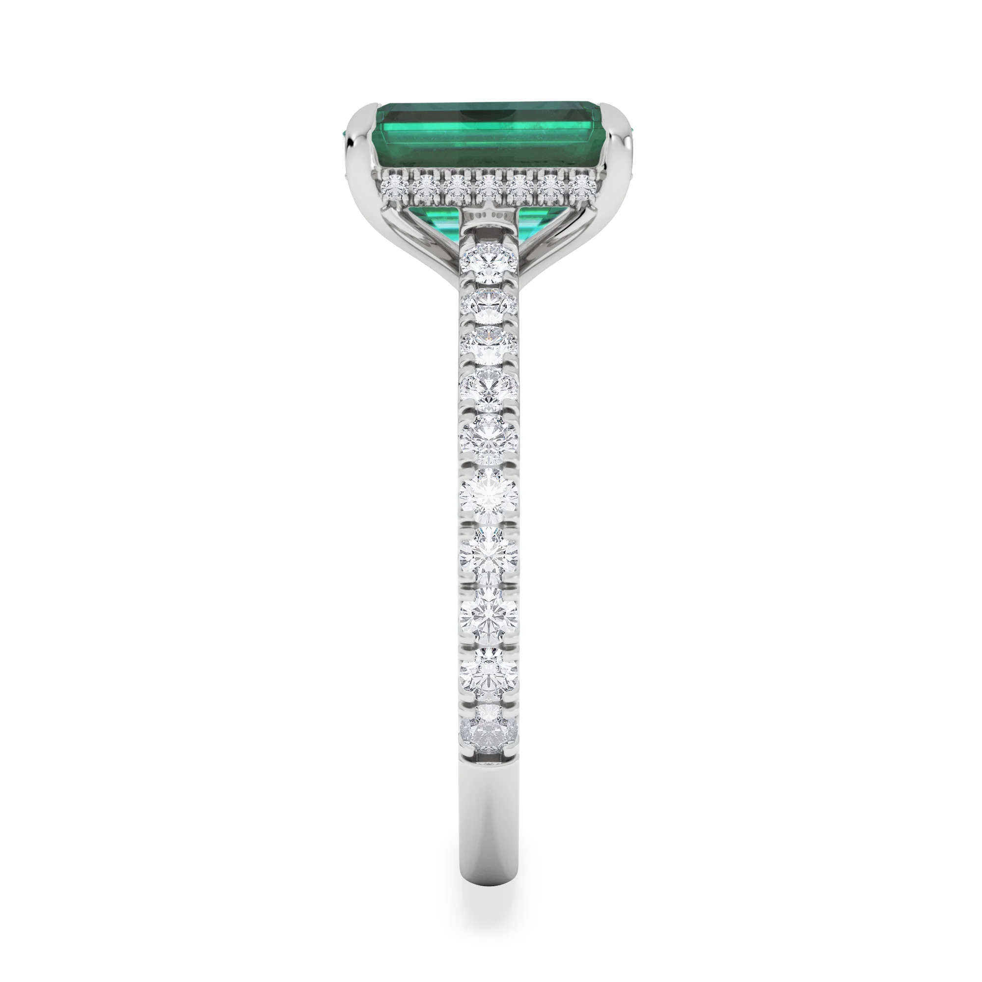 Amora Gem 2.50ct Emerald Cut Lab Emerald Hidden Halo Engagement Ring with Side Stones in 18K White Gold - Image 5