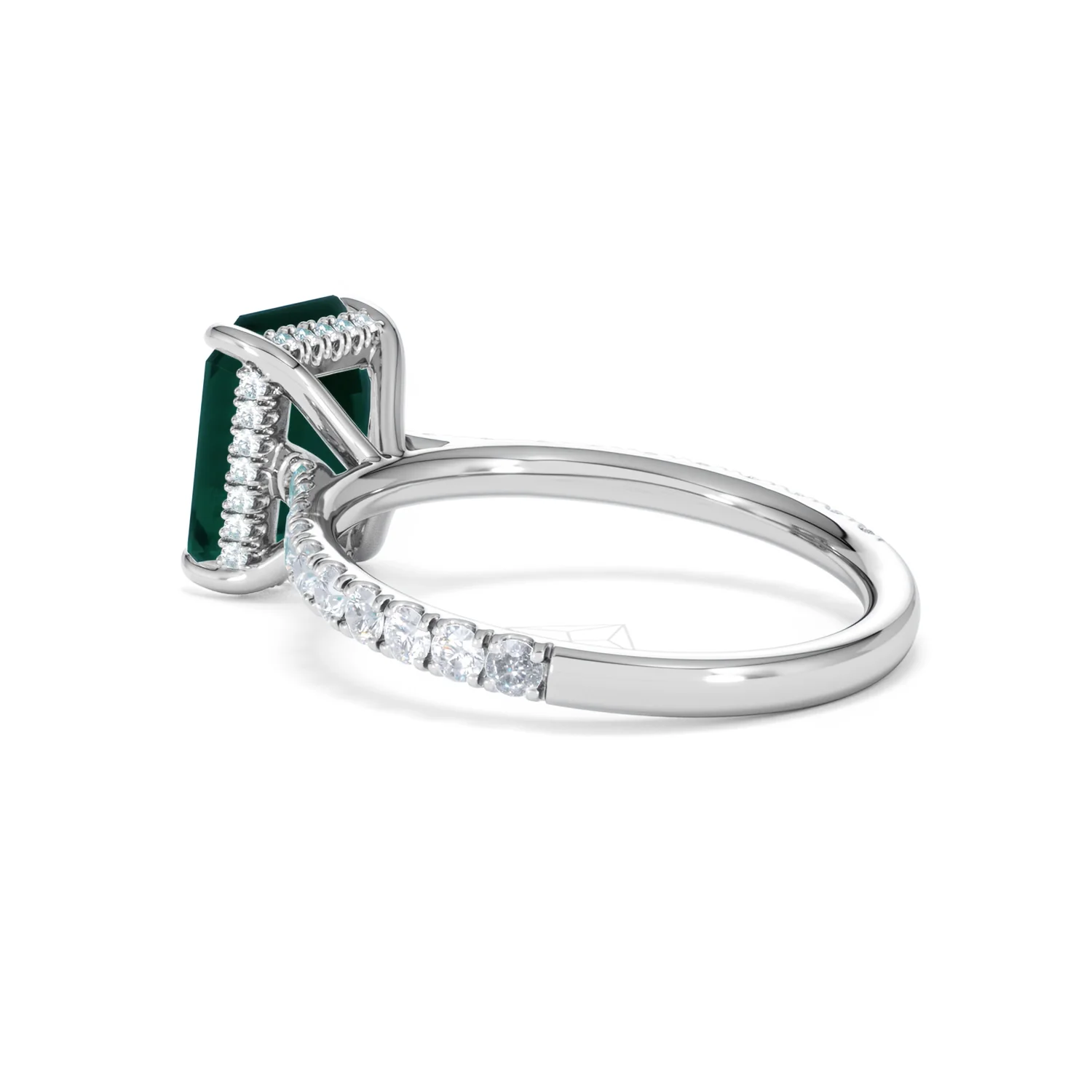 Amora Gem 2.50ct Emerald Cut Lab Emerald Hidden Halo Engagement Ring with Side Stones in 18K White Gold - Image 60