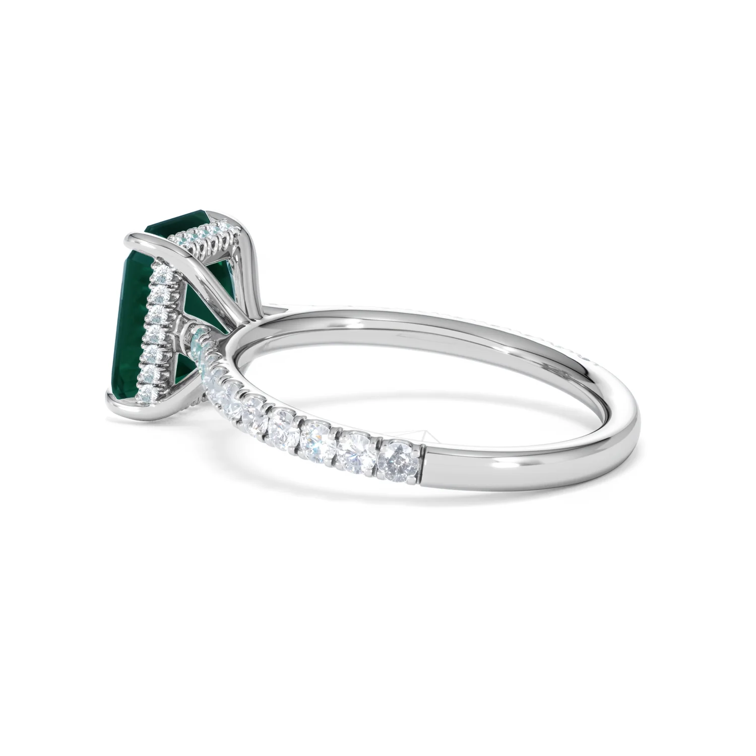 Amora Gem 2.50ct Emerald Cut Lab Emerald Hidden Halo Engagement Ring with Side Stones in 18K White Gold - Image 62