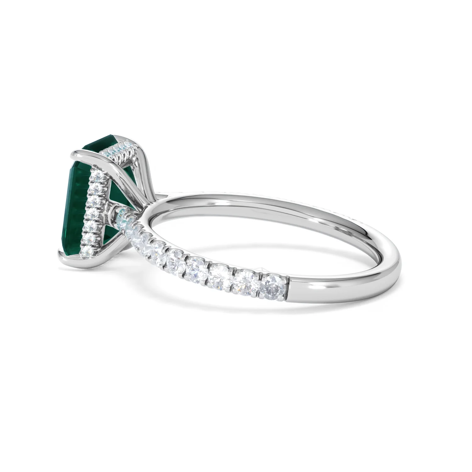 Amora Gem 2.50ct Emerald Cut Lab Emerald Hidden Halo Engagement Ring with Side Stones in 18K White Gold - Image 64