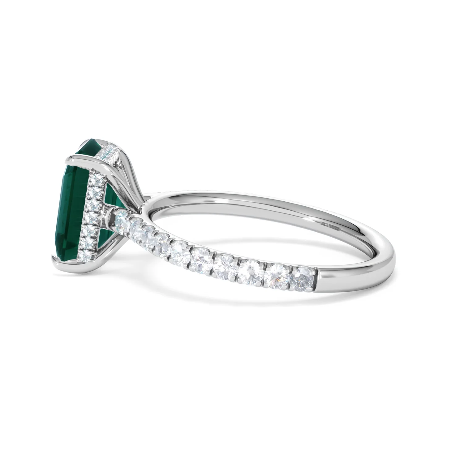 Amora Gem 2.50ct Emerald Cut Lab Emerald Hidden Halo Engagement Ring with Side Stones in 18K White Gold - Image 67