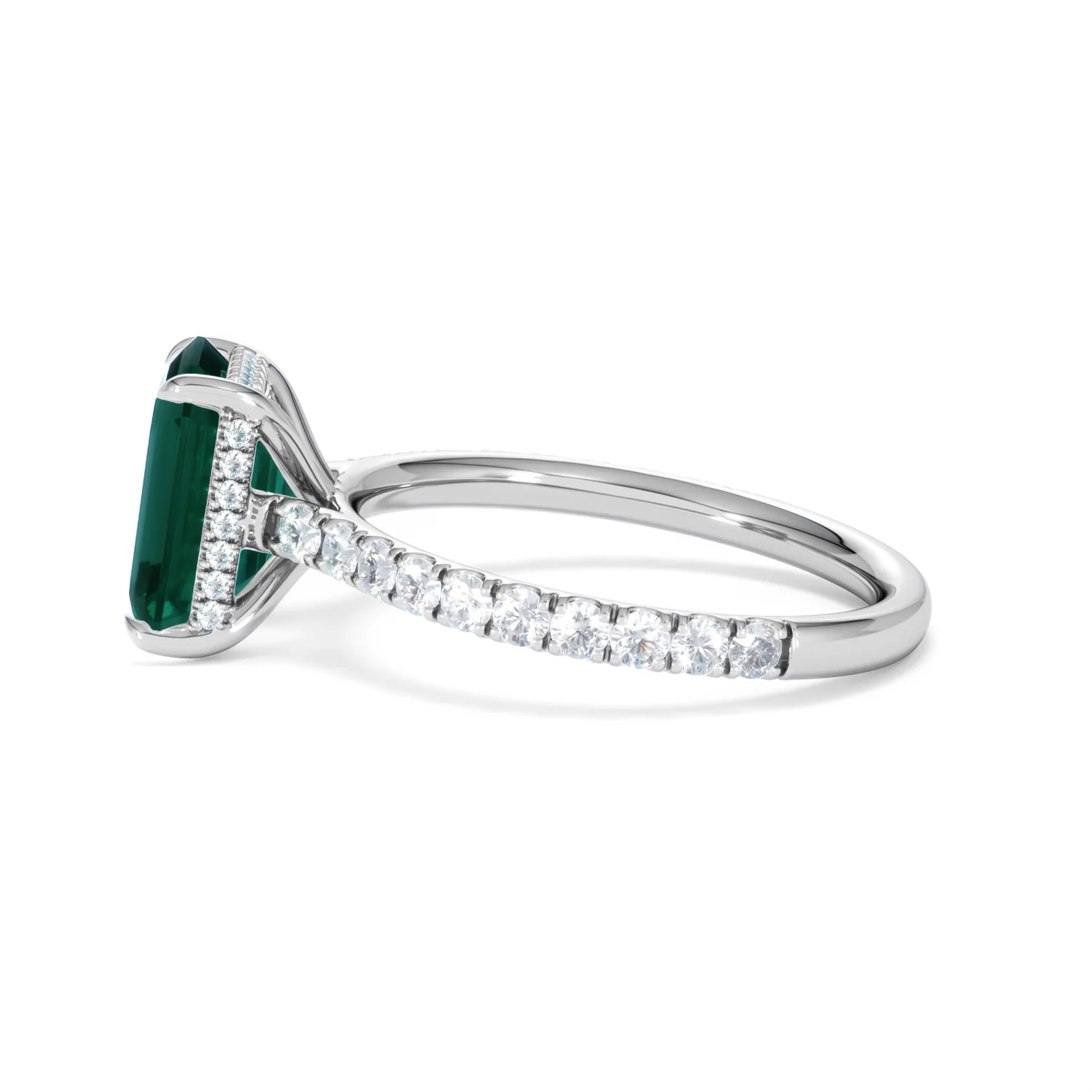 Amora Gem 2.50ct Emerald Cut Lab Emerald Hidden Halo Engagement Ring with Side Stones in 18K White Gold - Image 69