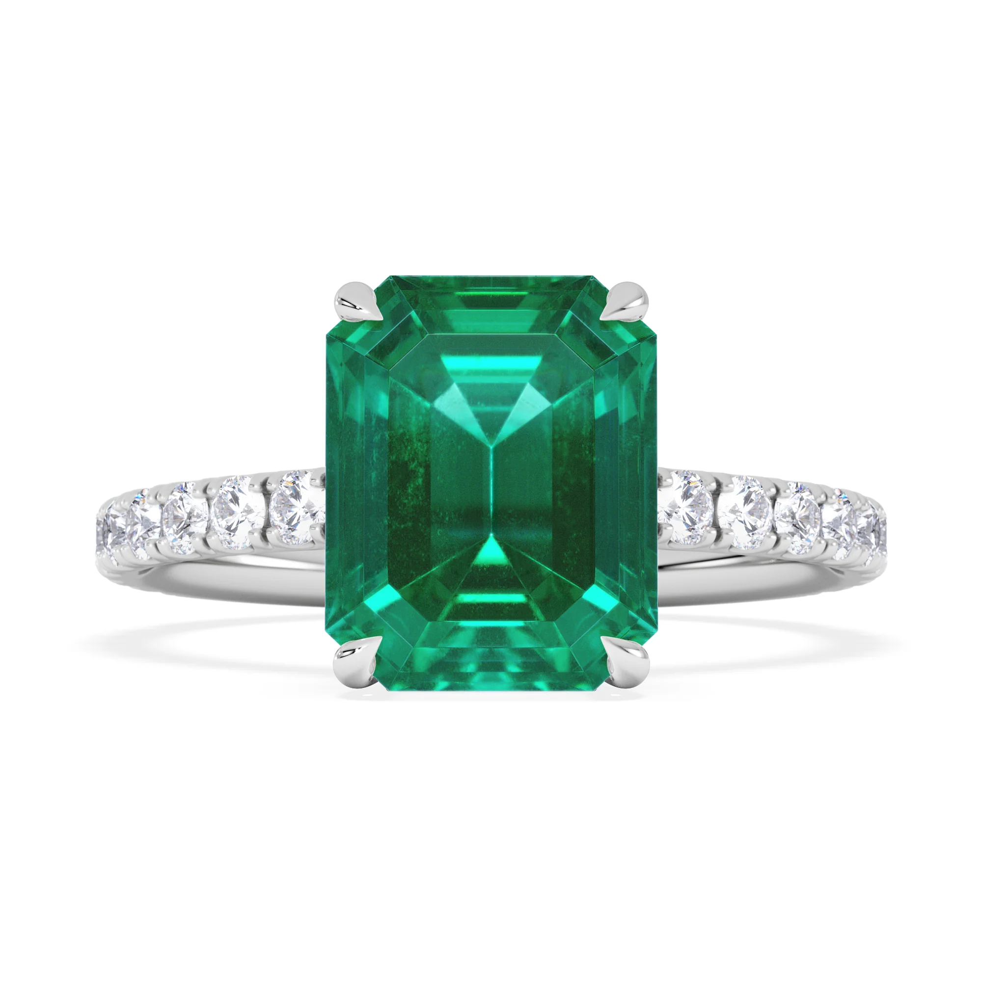 Amora Gem 2.50ct Emerald Cut Lab Emerald Hidden Halo Engagement Ring with Side Stones in 18K White Gold - Image 7
