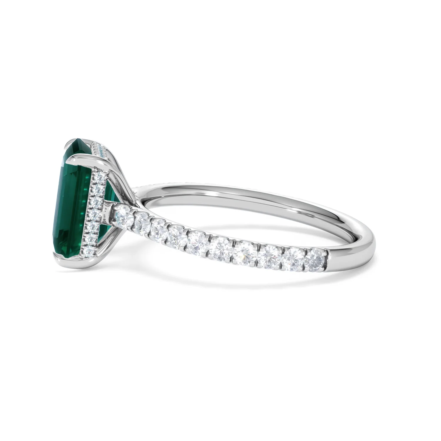 Amora Gem 2.50ct Emerald Cut Lab Emerald Hidden Halo Engagement Ring with Side Stones in 18K White Gold - Image 70