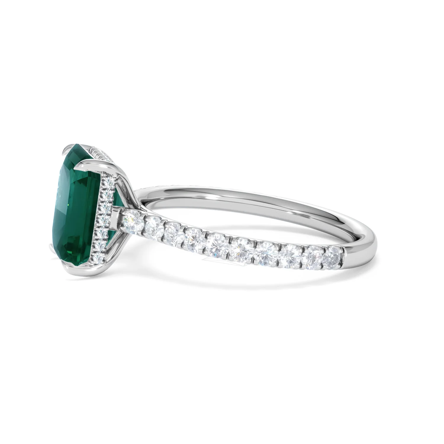 Amora Gem 2.50ct Emerald Cut Lab Emerald Hidden Halo Engagement Ring with Side Stones in 18K White Gold - Image 72