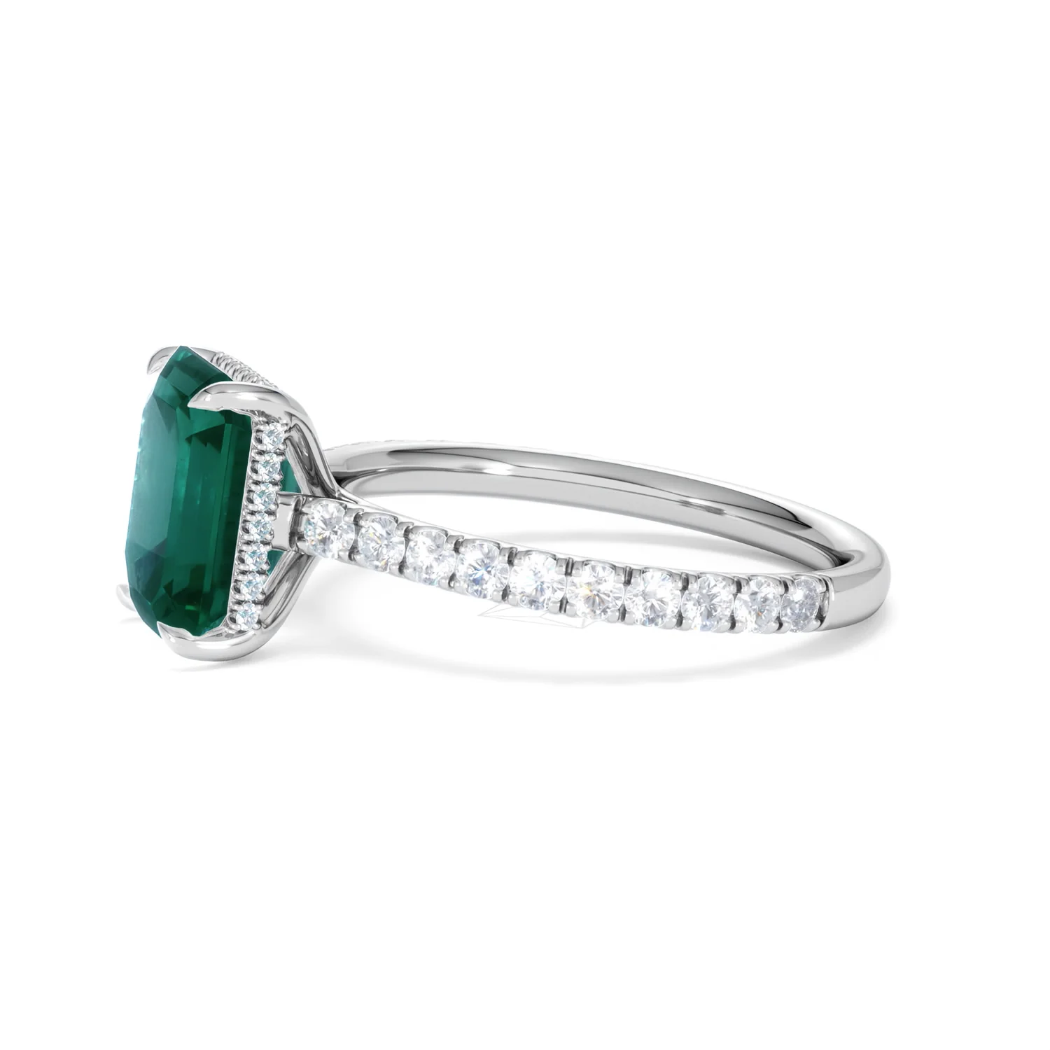 Amora Gem 2.50ct Emerald Cut Lab Emerald Hidden Halo Engagement Ring with Side Stones in 18K White Gold - Image 73