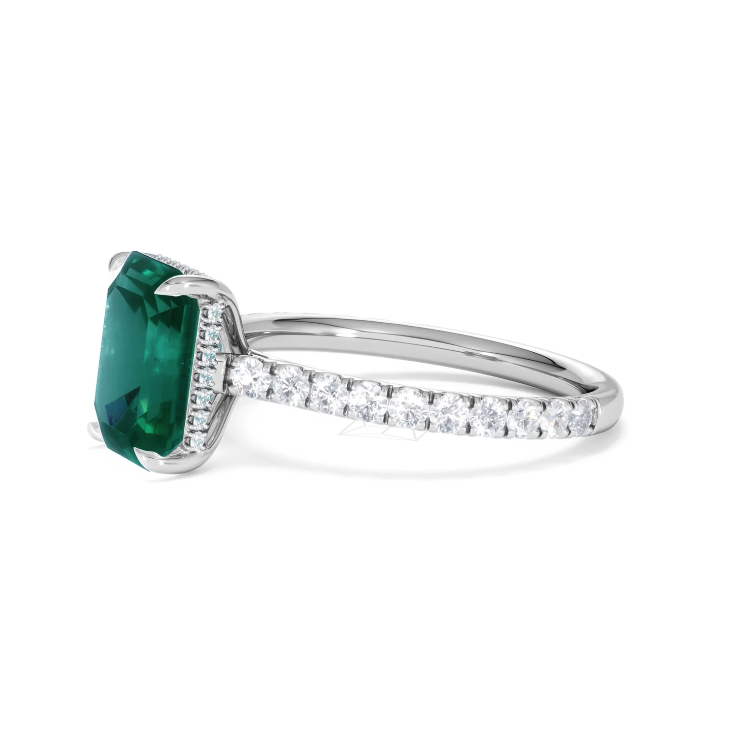 Amora Gem 2.50ct Emerald Cut Lab Emerald Hidden Halo Engagement Ring with Side Stones in 18K White Gold - Image 75
