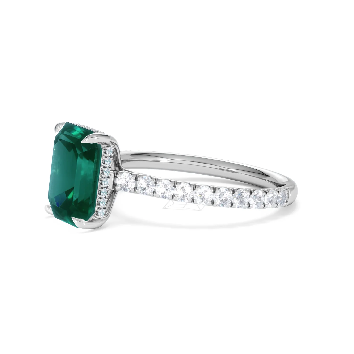Amora Gem 2.50ct Emerald Cut Lab Emerald Hidden Halo Engagement Ring with Side Stones in 18K White Gold - Image 76