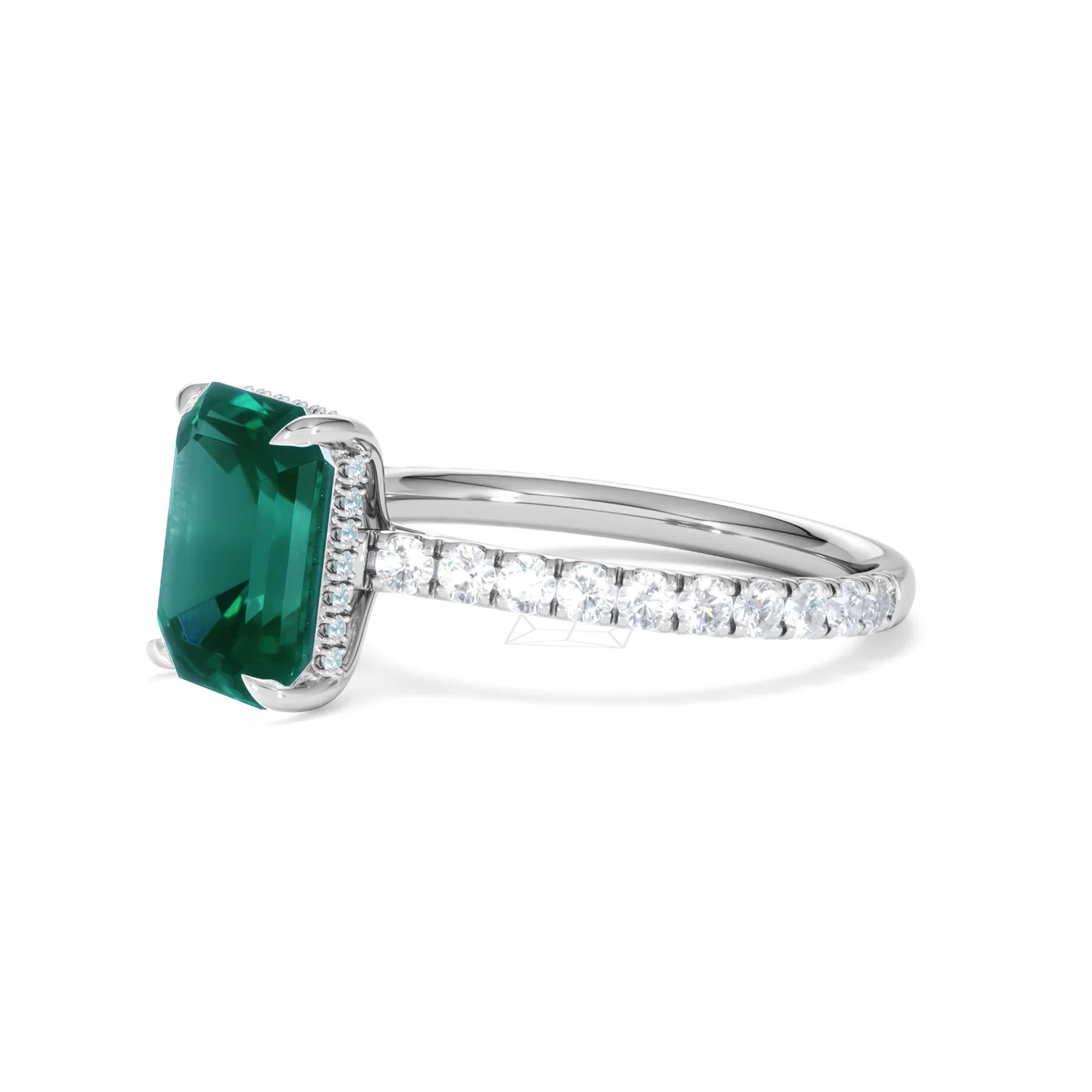 Amora Gem 2.50ct Emerald Cut Lab Emerald Hidden Halo Engagement Ring with Side Stones in 18K White Gold - Image 77