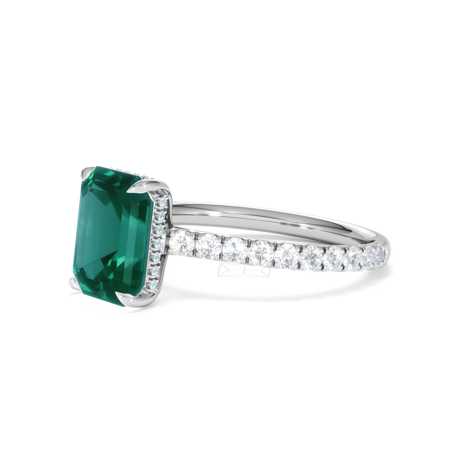 Amora Gem 2.50ct Emerald Cut Lab Emerald Hidden Halo Engagement Ring with Side Stones in 18K White Gold - Image 78