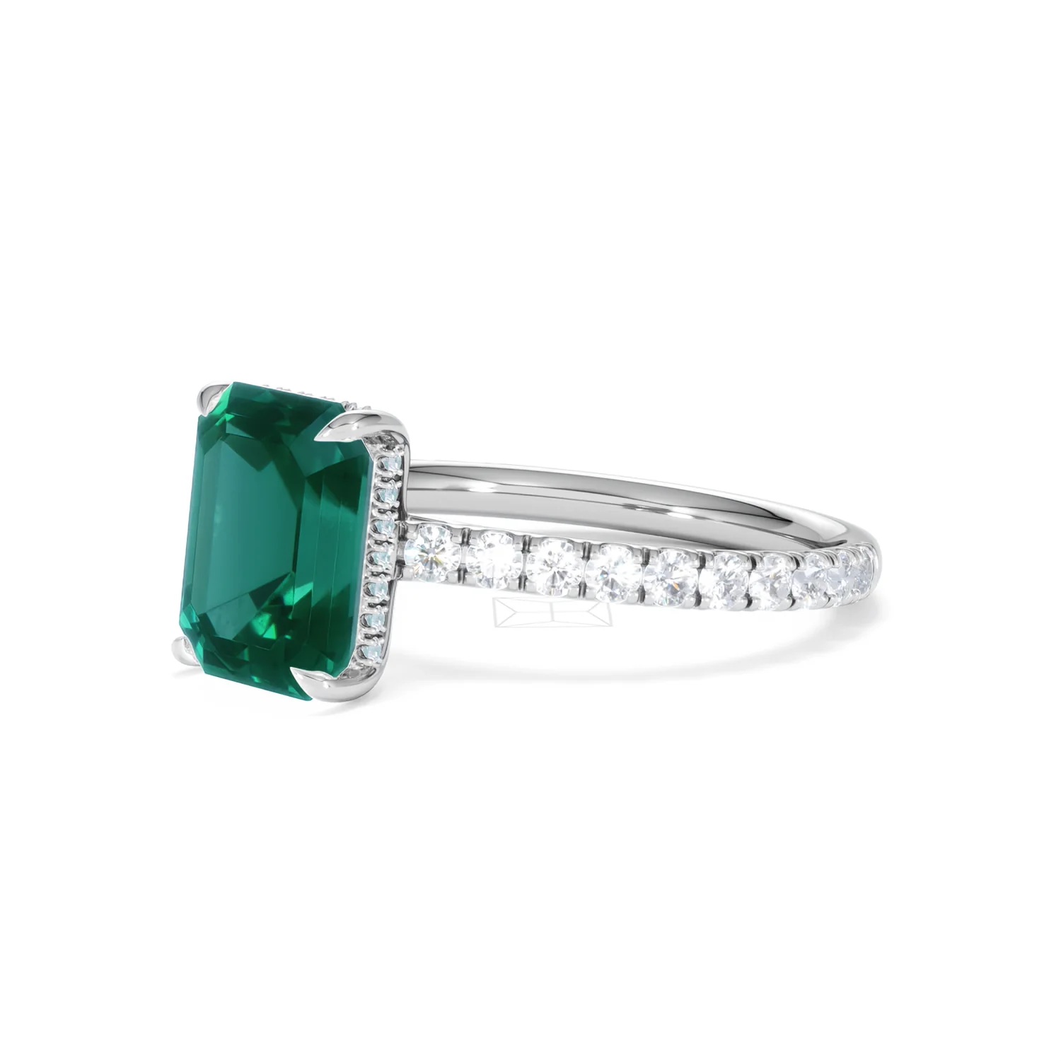 Amora Gem 2.50ct Emerald Cut Lab Emerald Hidden Halo Engagement Ring with Side Stones in 18K White Gold - Image 79