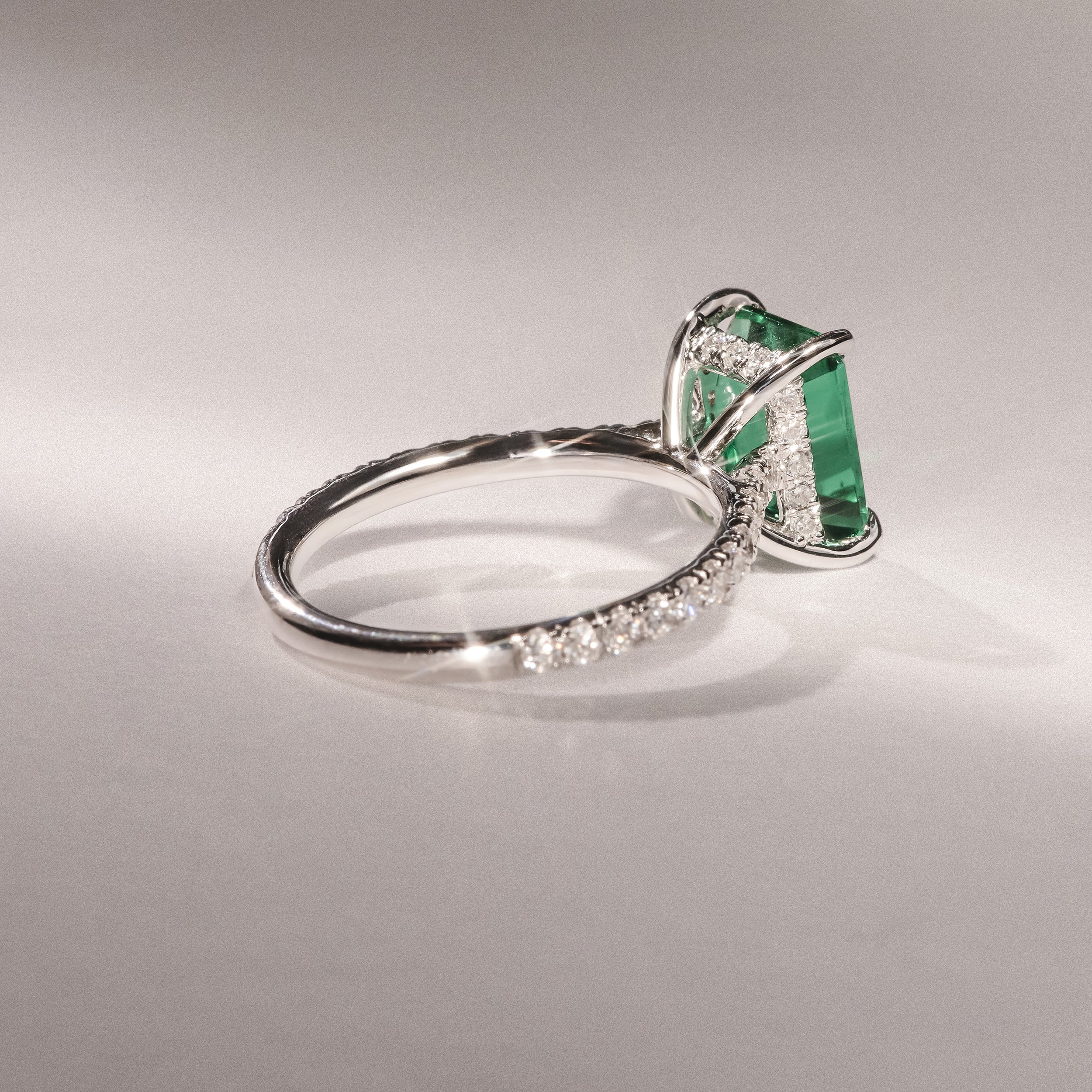 Amora Gem 2.50ct Emerald Cut Lab Emerald Hidden Halo Engagement Ring with Side Stones in 18K White Gold - Image 8