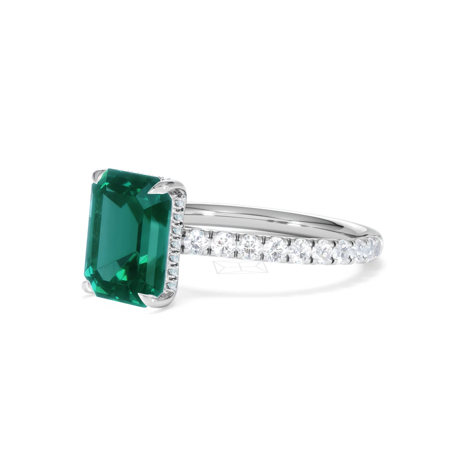 Amora Gem 2.50ct Emerald Cut Lab Emerald Hidden Halo Engagement Ring with Side Stones in 18K White Gold - Image 80