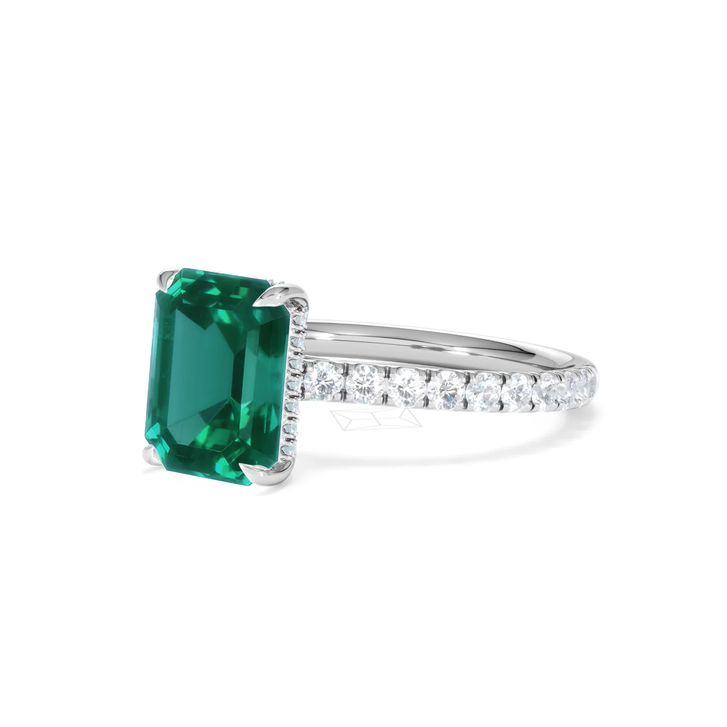 Amora Gem 2.50ct Emerald Cut Lab Emerald Hidden Halo Engagement Ring with Side Stones in 18K White Gold - Image 81