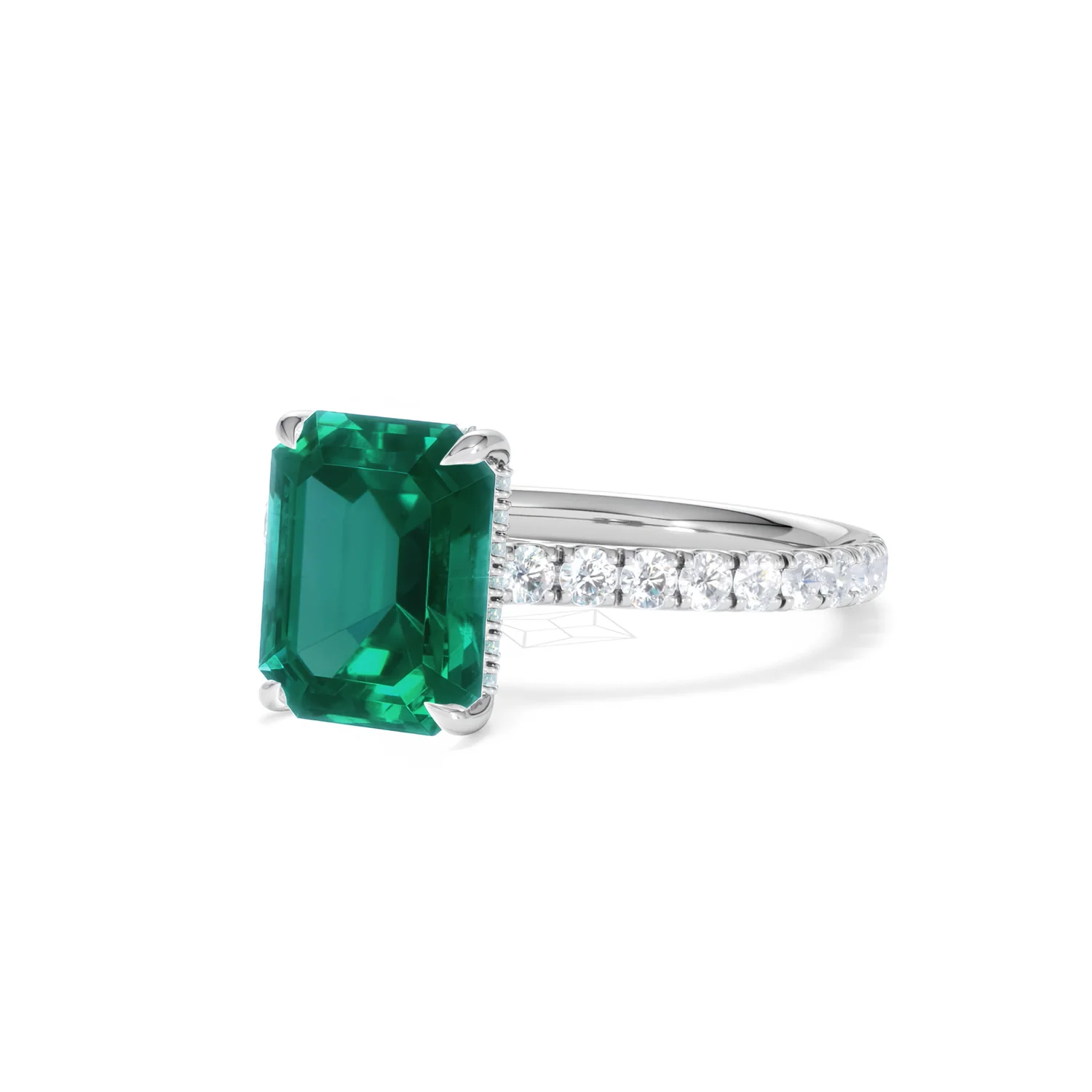 Amora Gem 2.50ct Emerald Cut Lab Emerald Hidden Halo Engagement Ring with Side Stones in 18K White Gold - Image 83