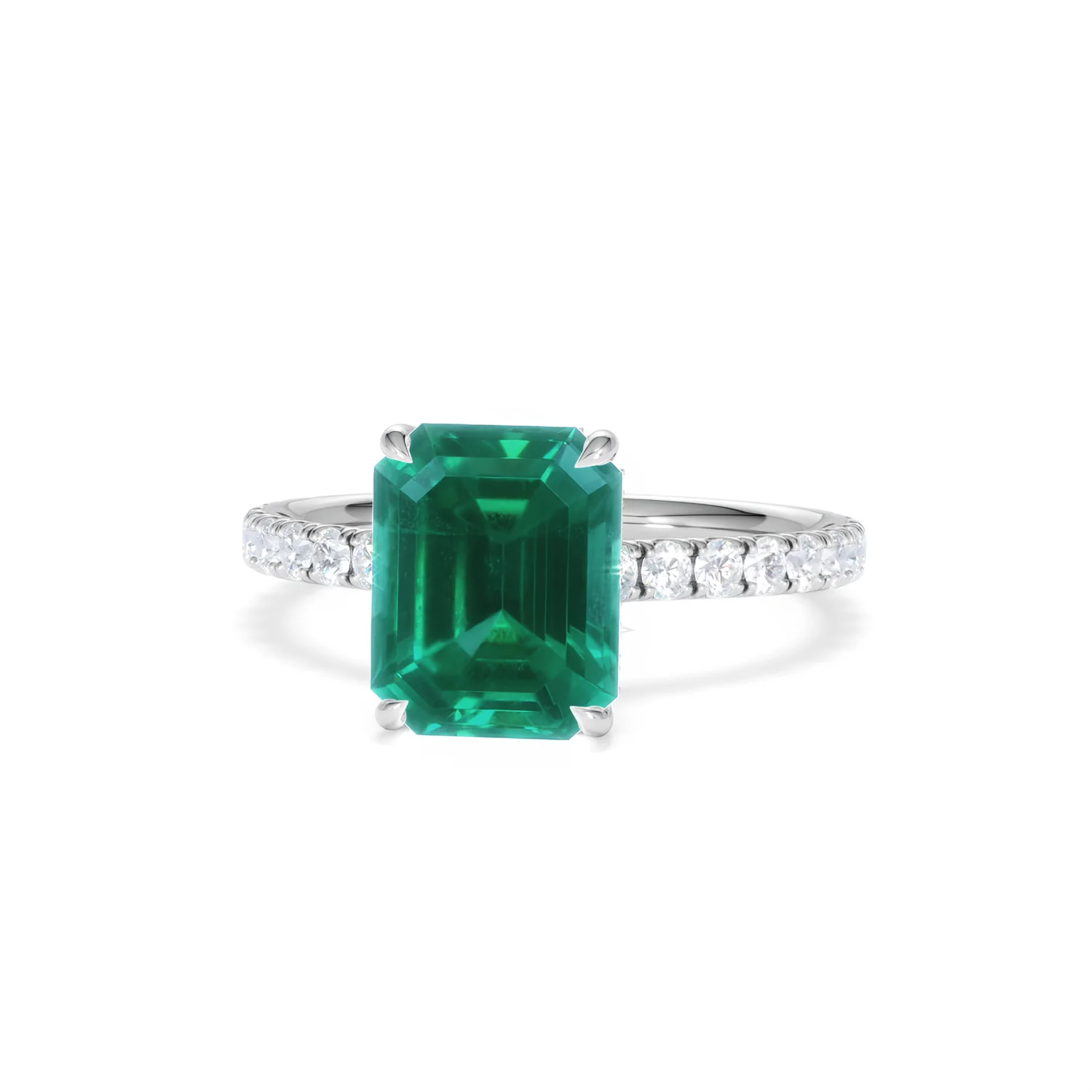 Amora Gem 2.50ct Emerald Cut Lab Emerald Hidden Halo Engagement Ring with Side Stones in 18K White Gold - Image 87
