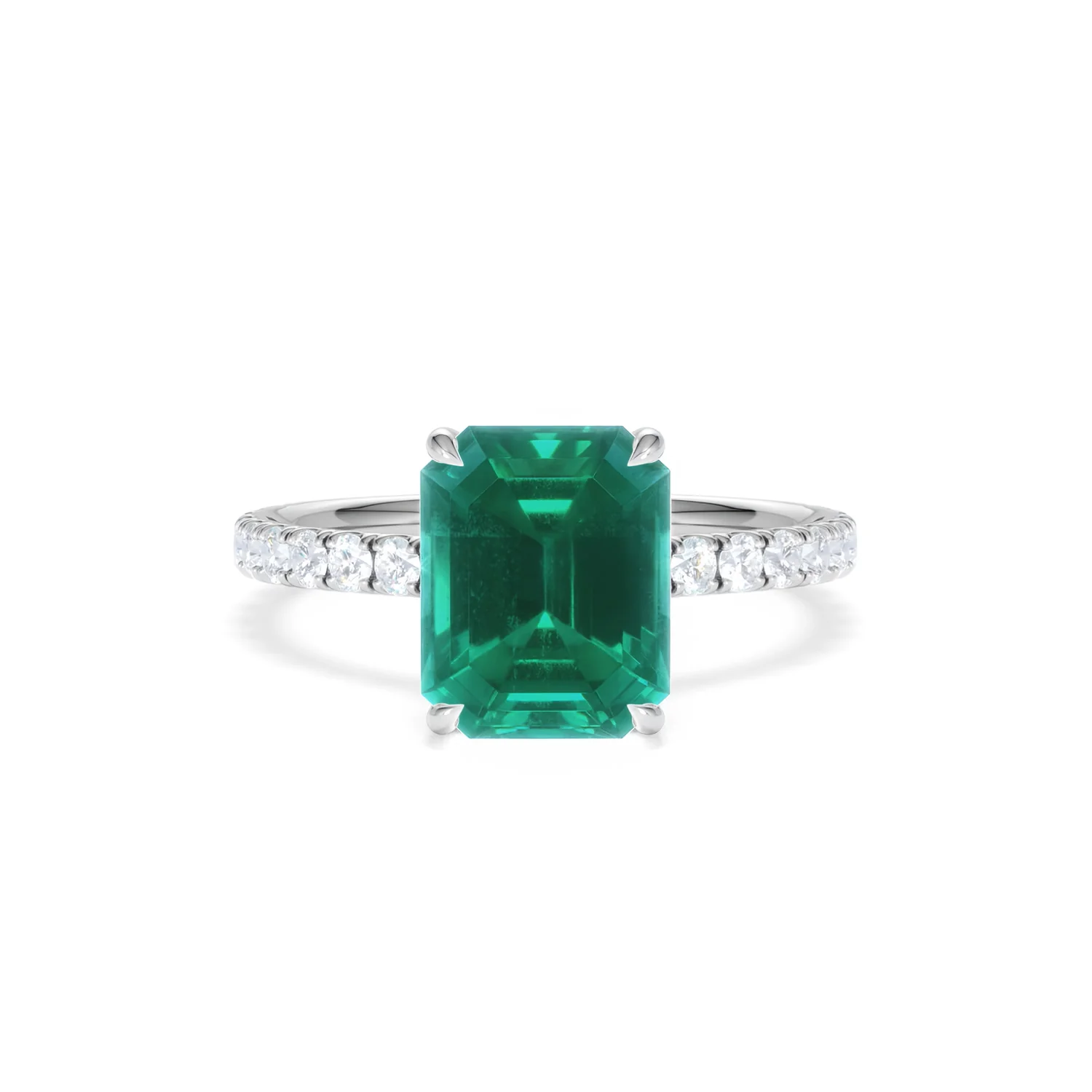 Amora Gem 2.50ct Emerald Cut Lab Emerald Hidden Halo Engagement Ring with Side Stones in 18K White Gold - Image 9