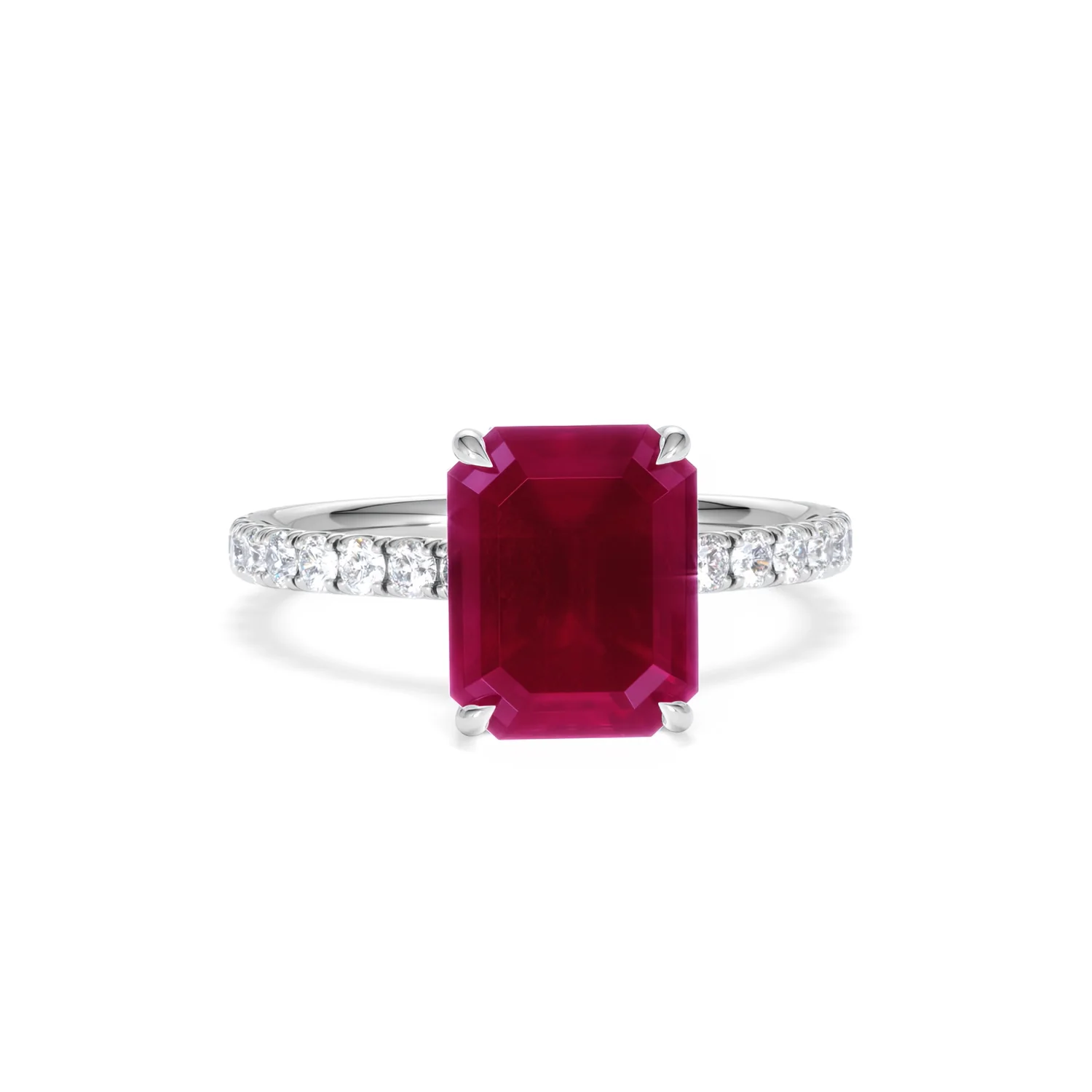 Amora Gem 2.50ct Emerald Cut Lab Ruby Hidden Halo Engagement Ring with Side Stones in 18K White Gold - Image 10