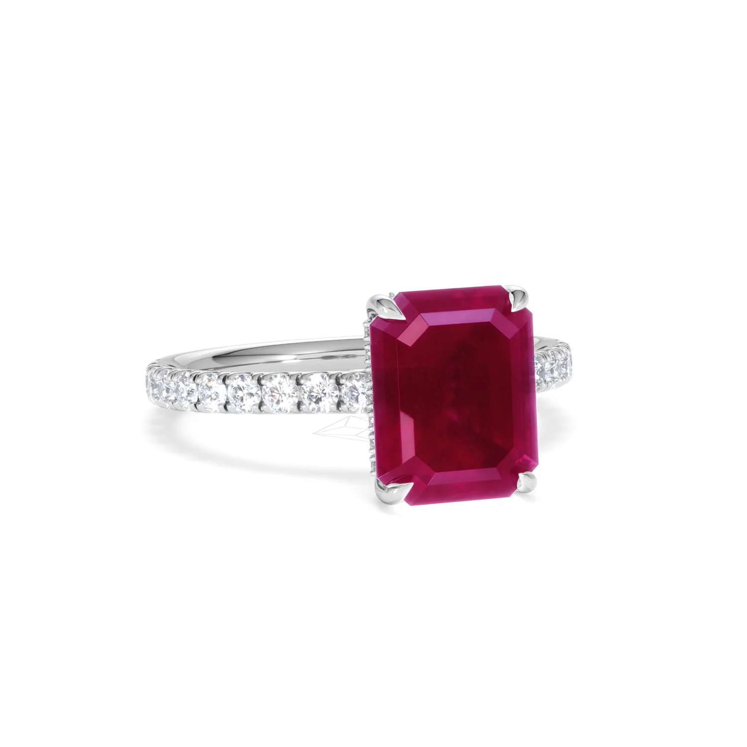 Amora Gem 2.50ct Emerald Cut Lab Ruby Hidden Halo Engagement Ring with Side Stones in 18K White Gold - Image 13