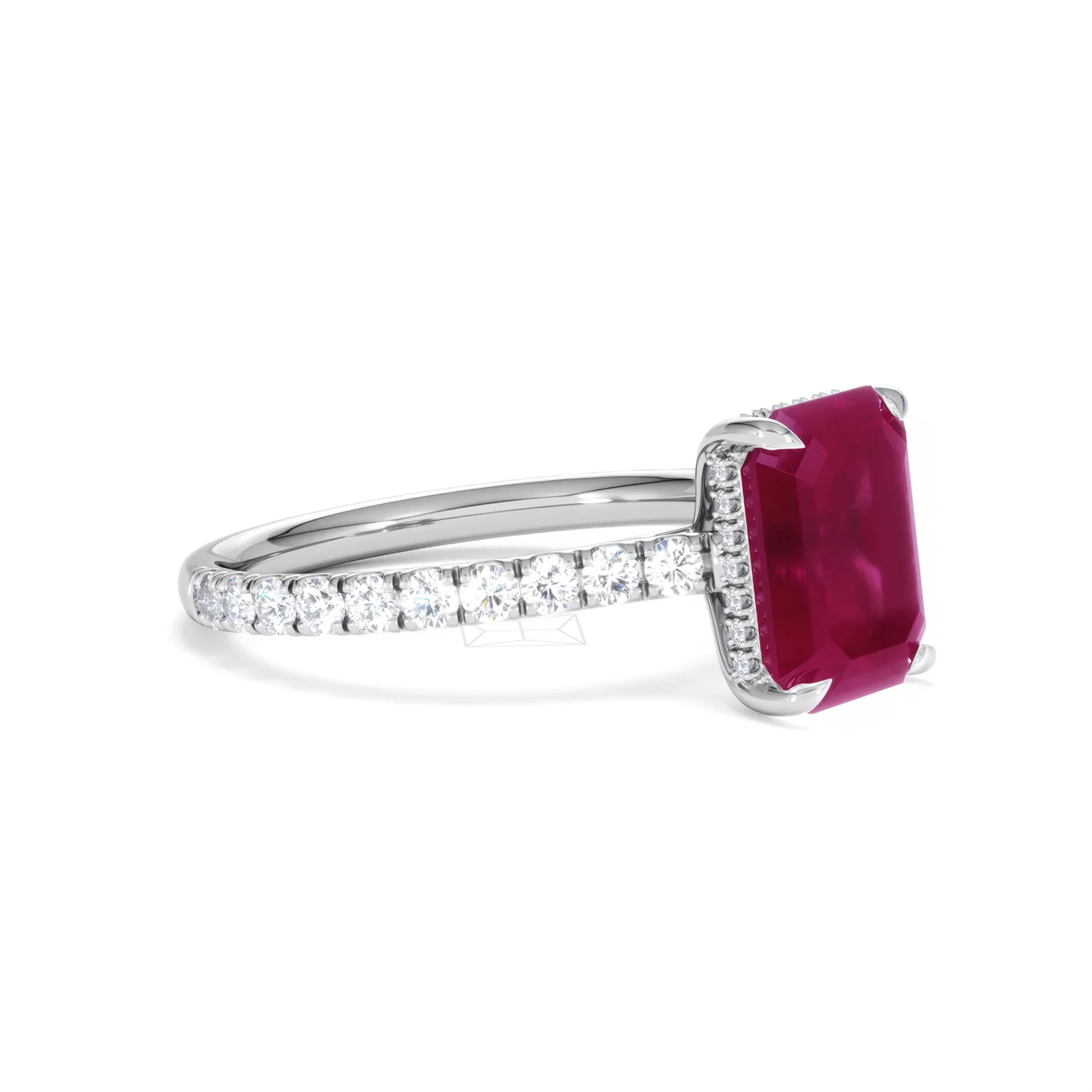Amora Gem 2.50ct Emerald Cut Lab Ruby Hidden Halo Engagement Ring with Side Stones in 18K White Gold - Image 20